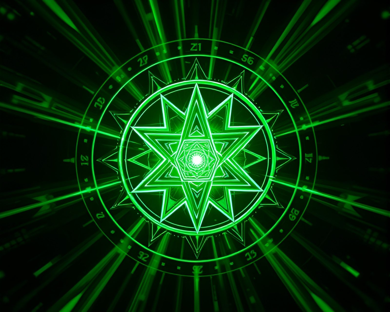 Twisting green sigil with distorted lens effects