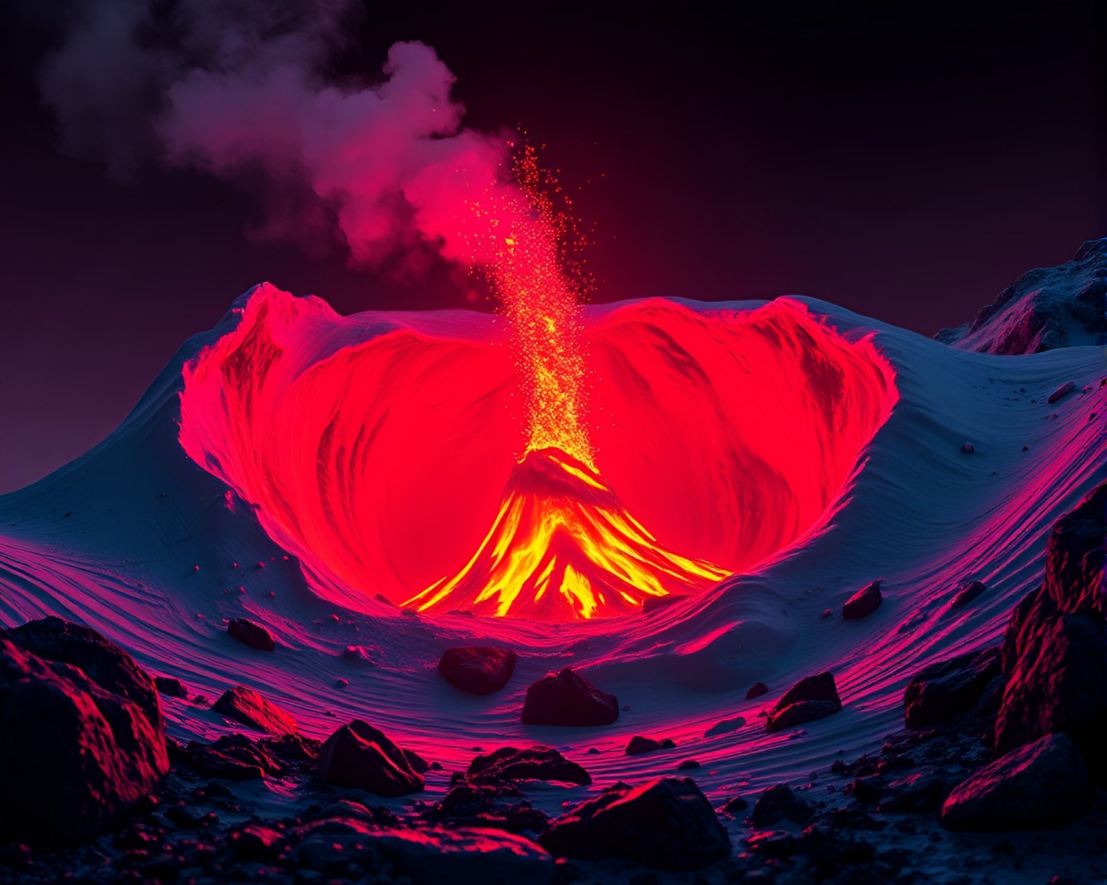 Abstract neon-lit penguin surrounded by swirling red light