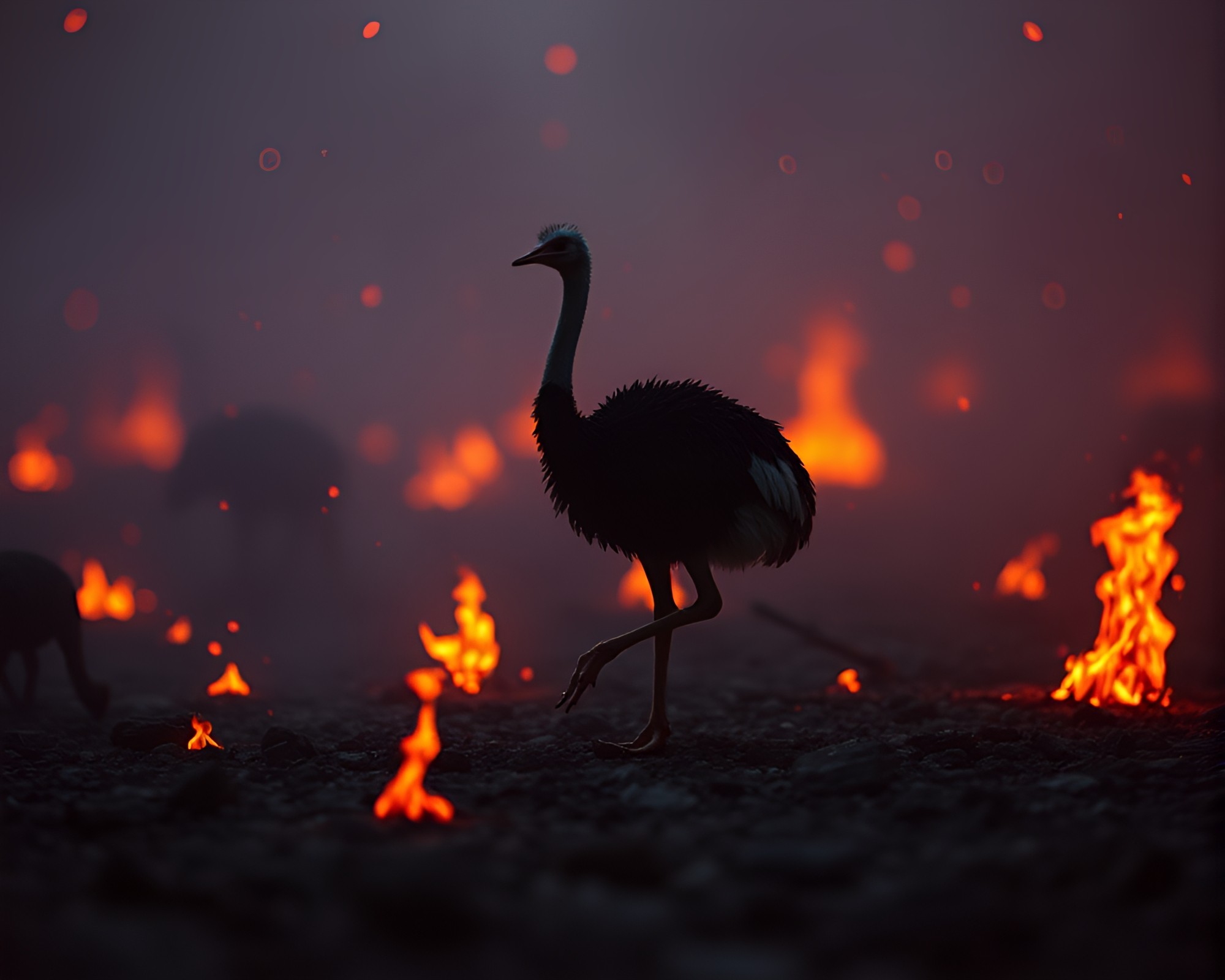 Majestic Ostrich Amidst Floating Embers – free AI stock image