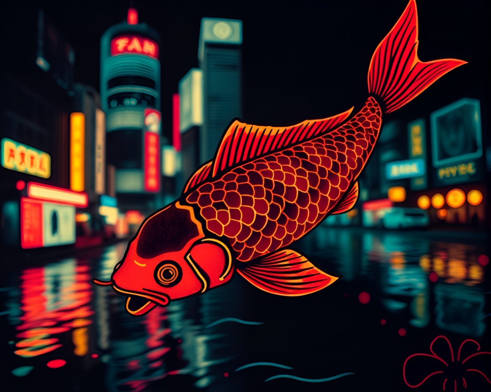 Vibrant neon cityscape with artistic koi fish linocut design
