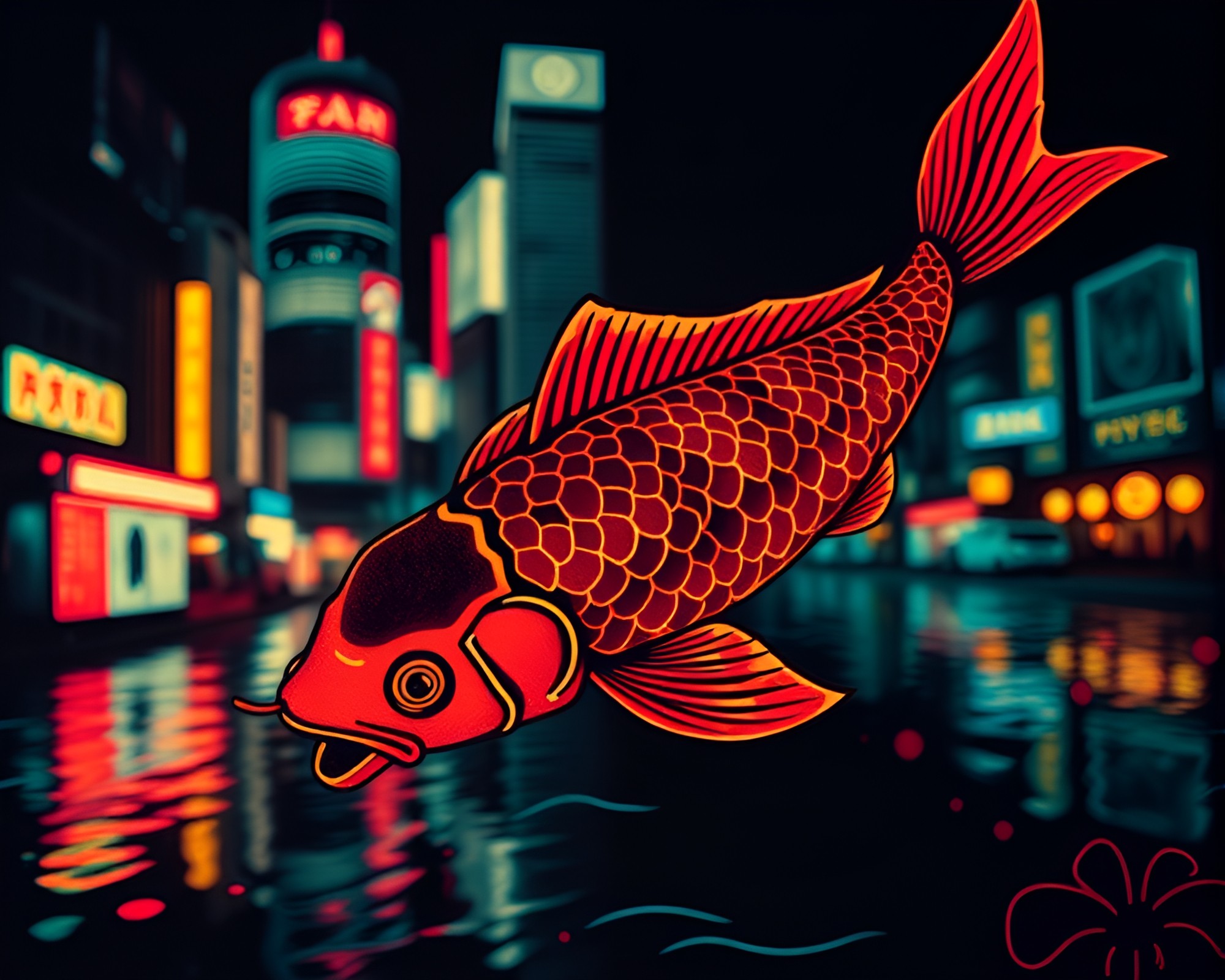 Neo-Tokyo Koi Fish Linocut Print – free AI stock image