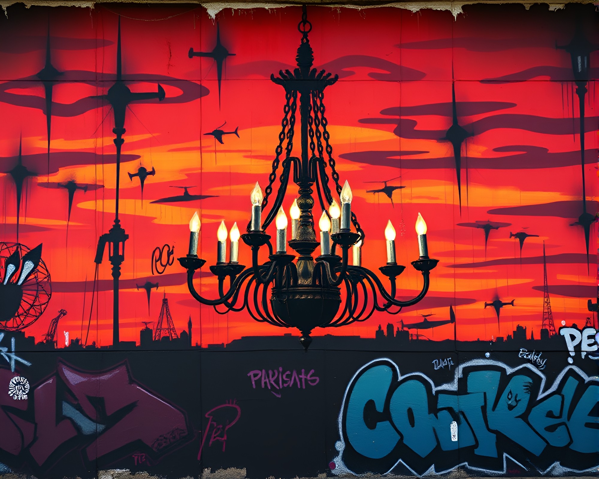 Victorian Chandelier Noir Sunset Graffiti Mural – free AI stock image