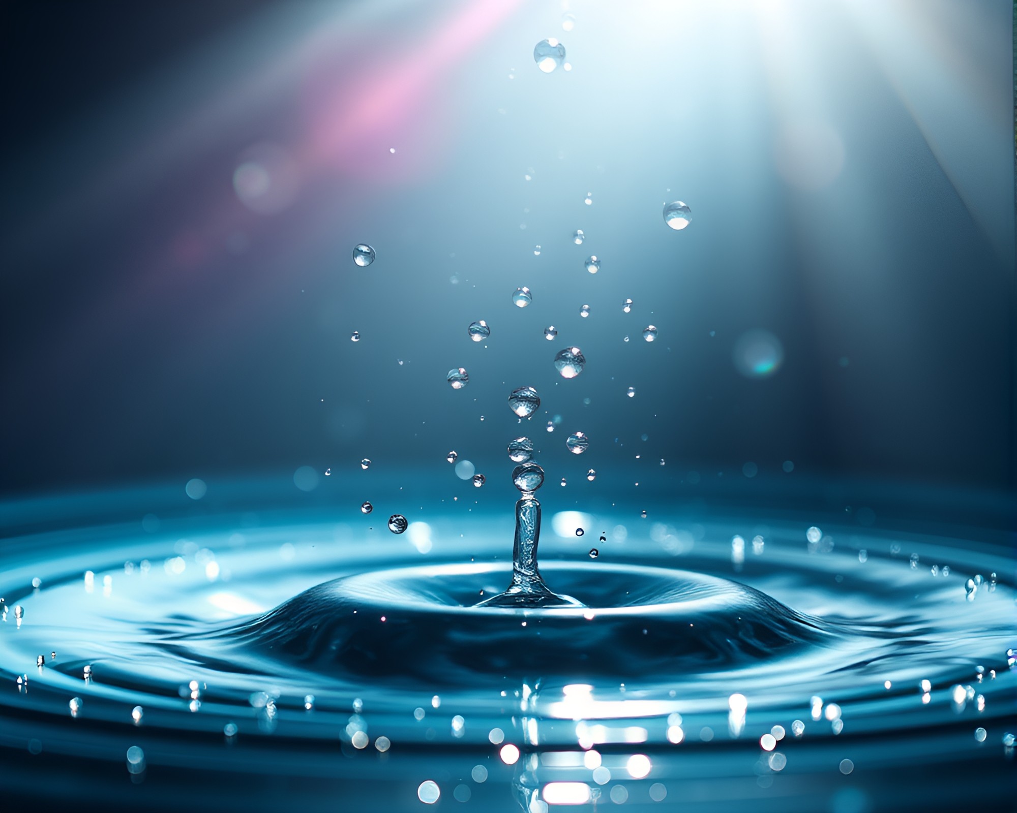 Mesmerizing Water Droplets on Plateau with Lens Flare Bursts – free AI stock image