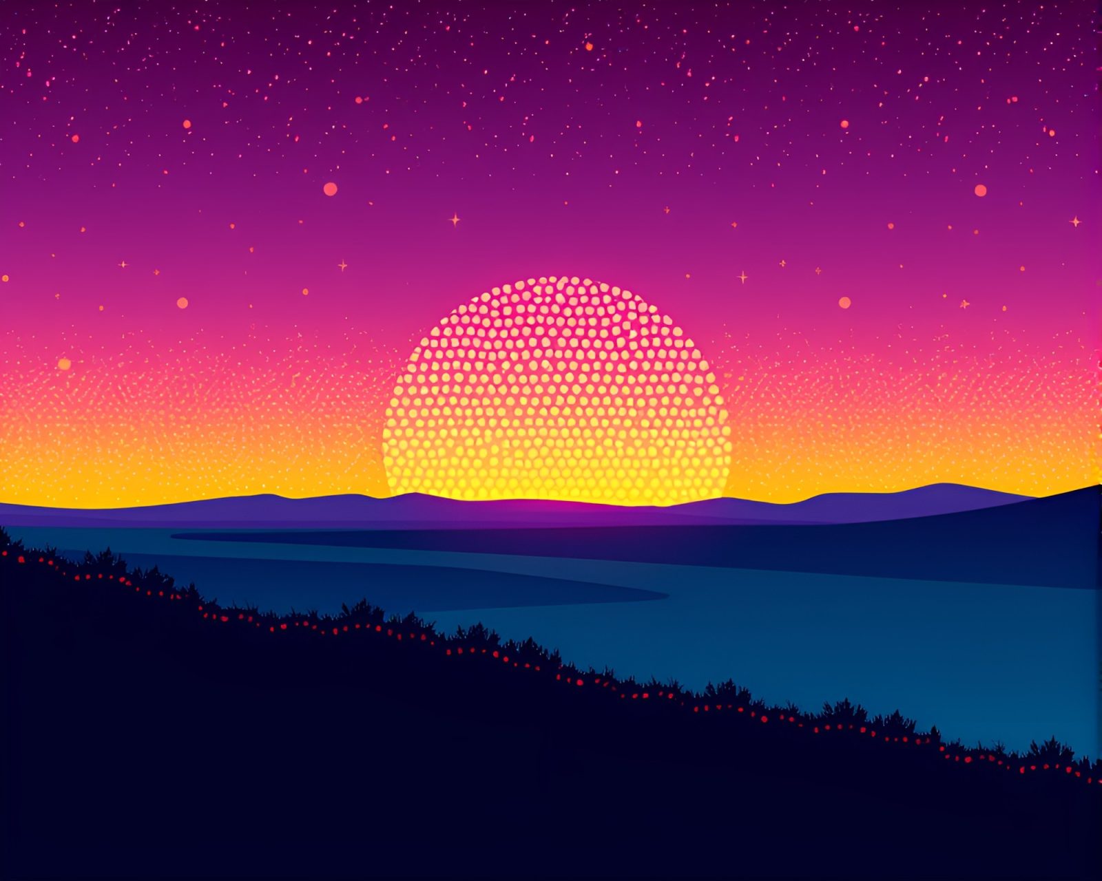 Surreal sunset scene with pixelated dots and neon colors