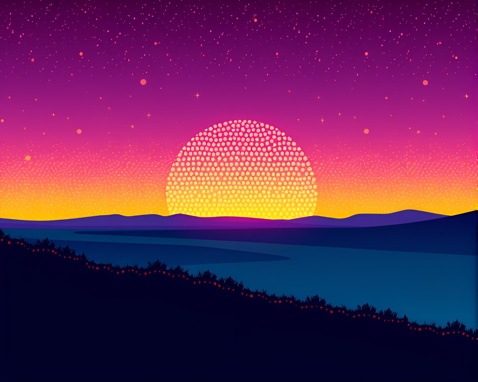 Vaporwave Sunset: Pointillist Flat Design Landscape – free AI stock image