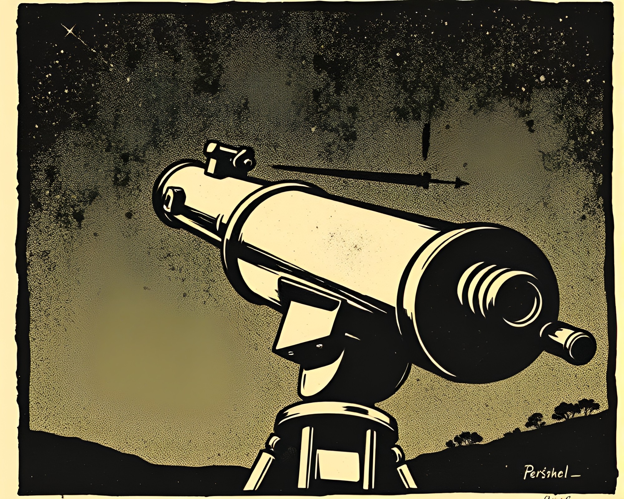 Antique Brass Telescope under Woodcut Sky – free AI stock image