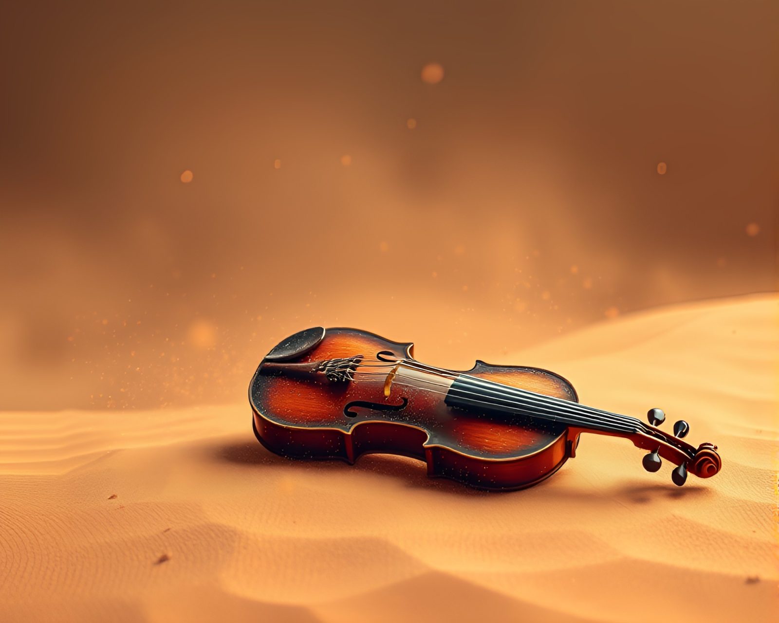 A surreal desert scene with violin and floating particles