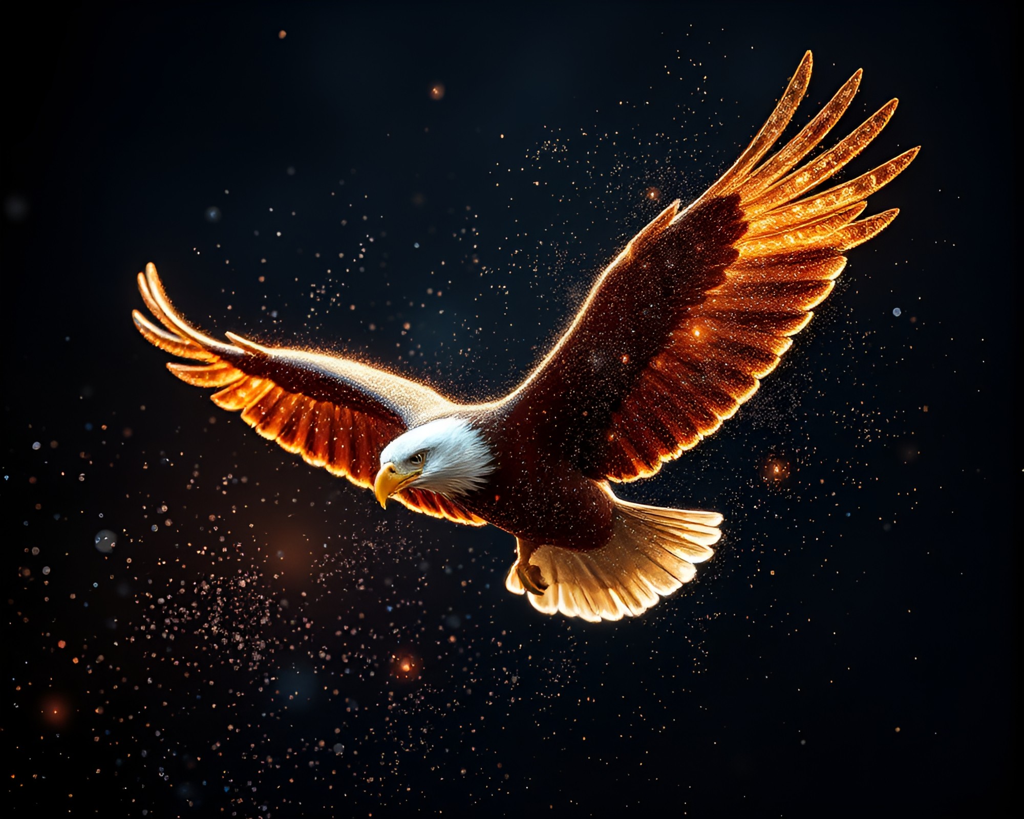 Eagle soaring through glittering floating particles – free AI stock image