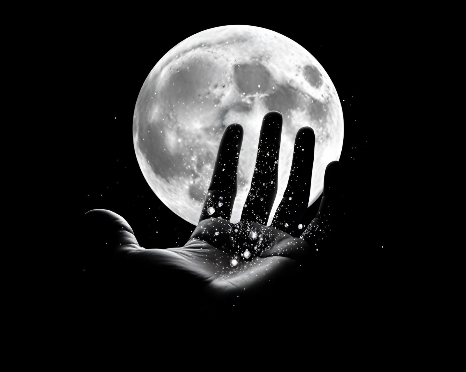 Surreal cybernetic hand surrounded by floating lunar particles