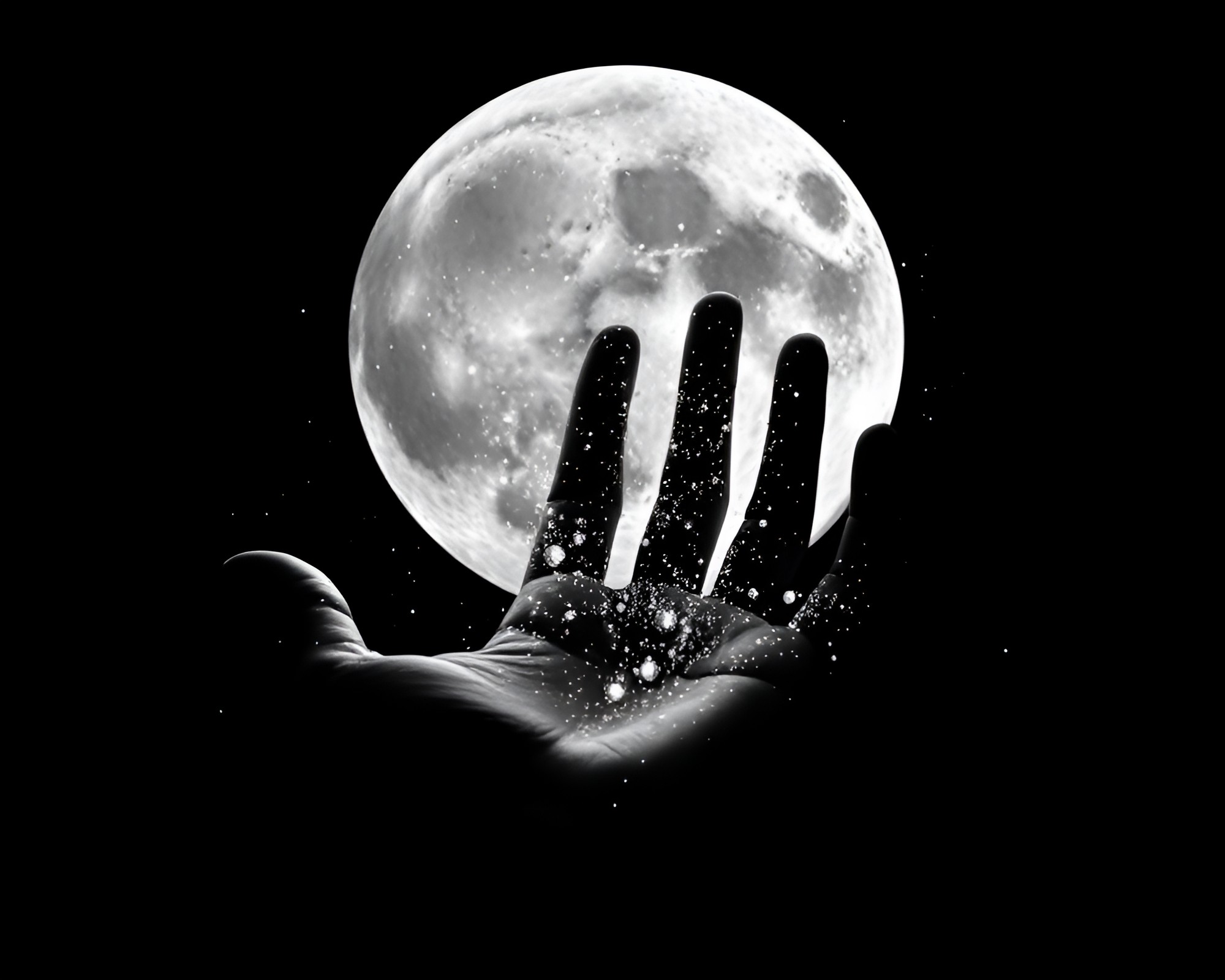 Surreal Cybernetic Hand Embracing Lunar Particles – free AI stock image