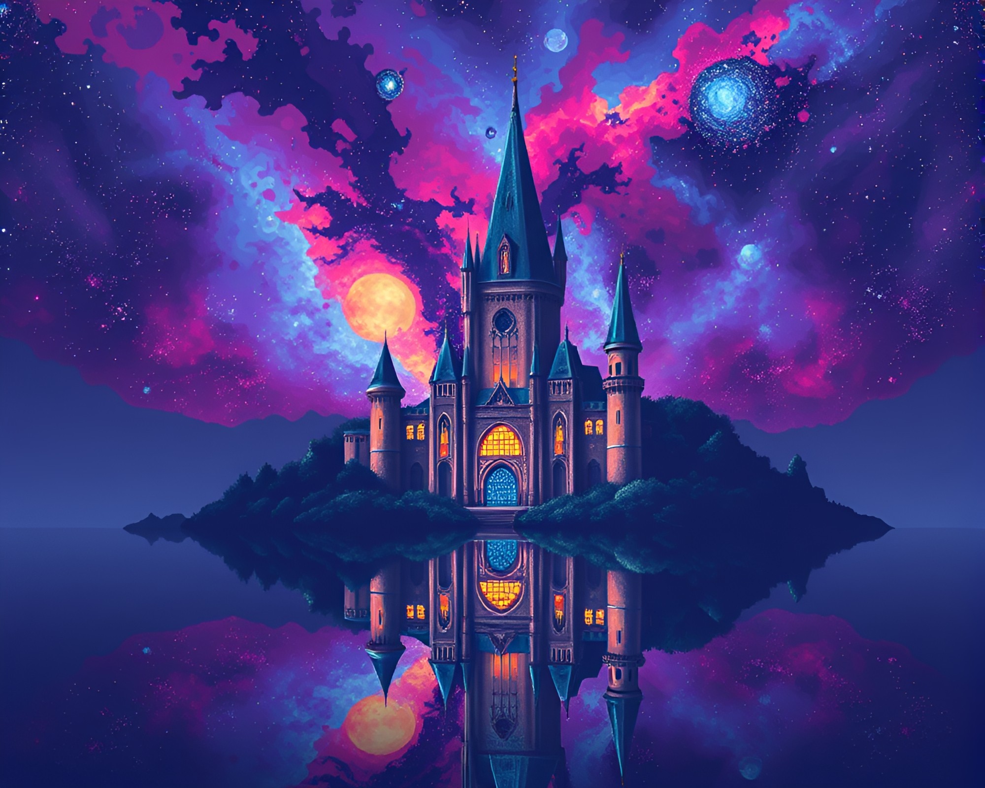 Castle of Nebula Hues Reflection in Mirror Shard – free AI stock image