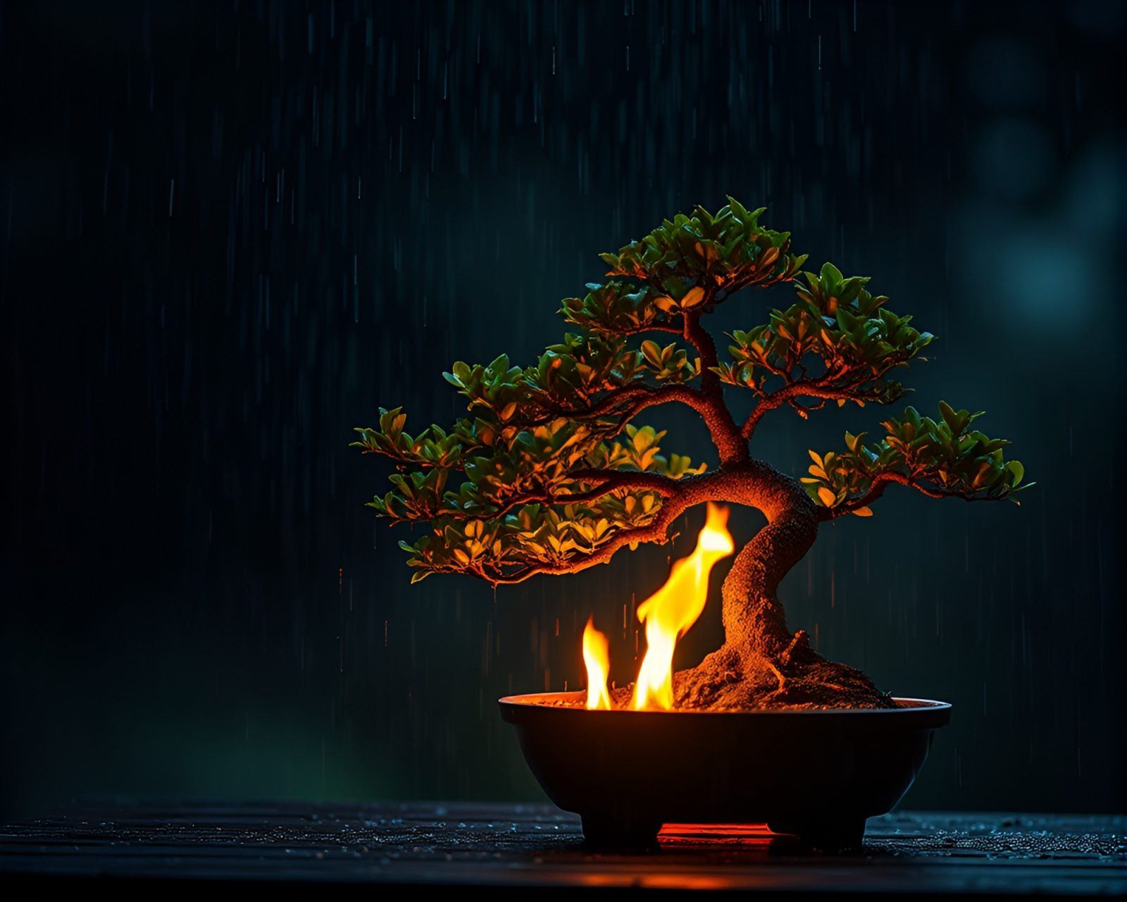 A mystic scene of bonsai tree by bonfire in rain