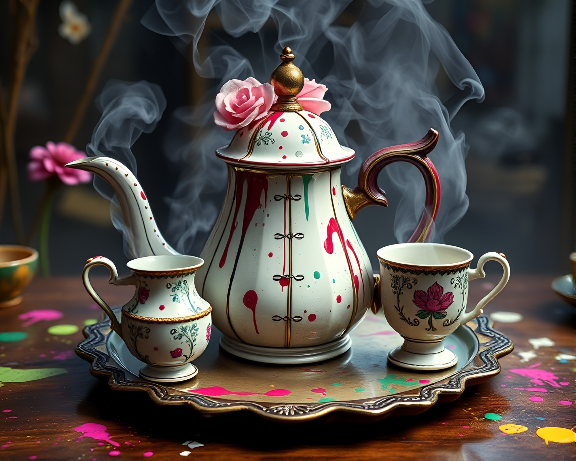 Steamy Wonderland Tea Party with 80s VHS Vibe – free AI stock image