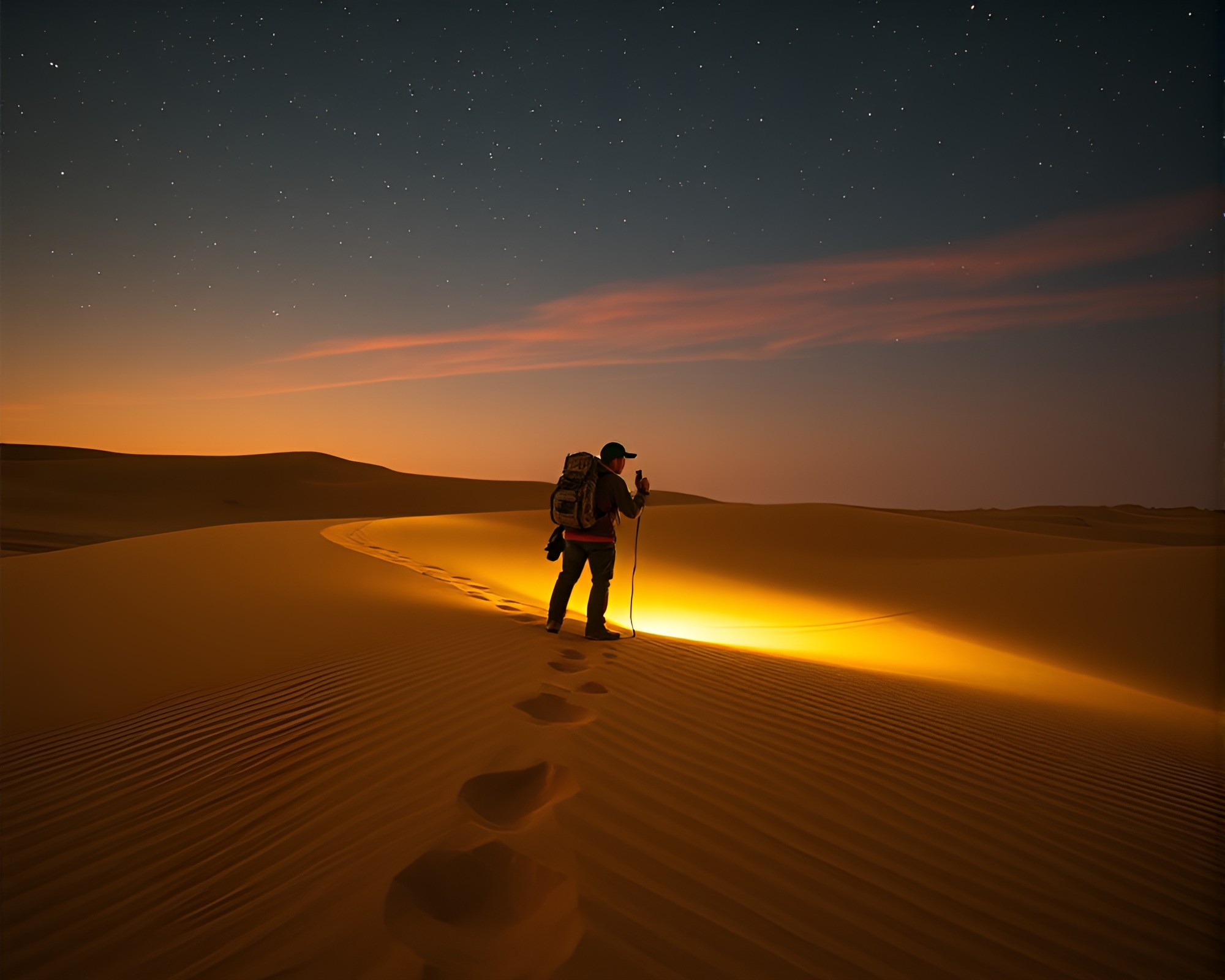 Time Traveler’s Light Painting in Desert Sands – free AI stock image