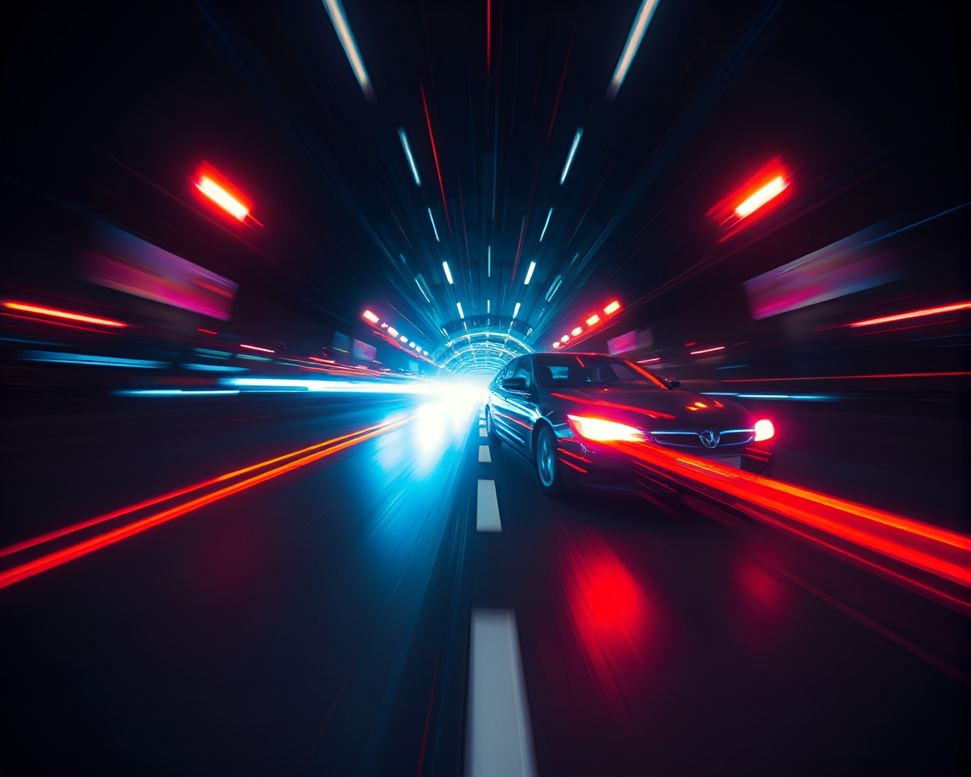 Prismatic Car Light Trails Through Glitching Digital World – free AI stock image