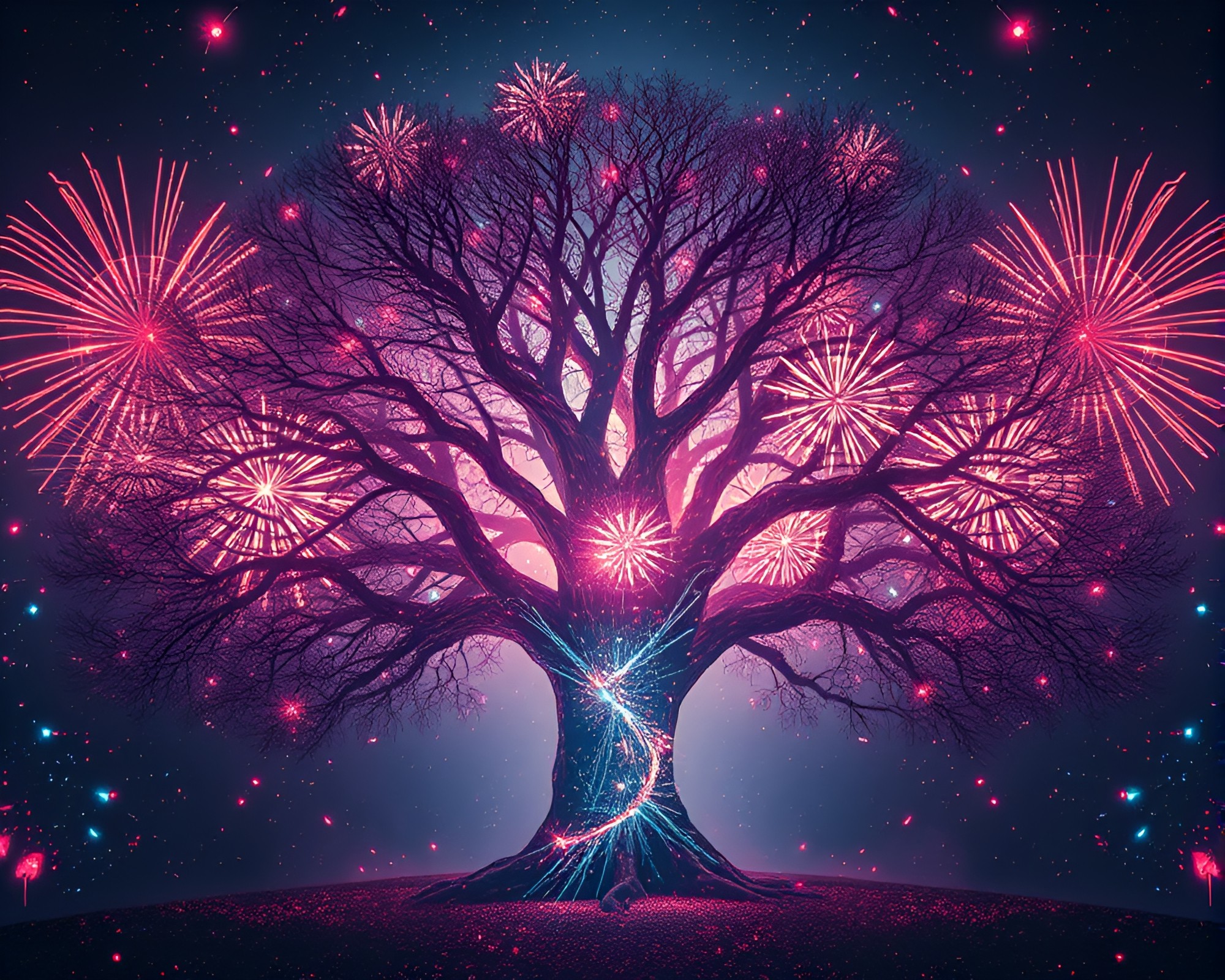 Neon Ancient Tree at Festival Fireworks Kaleidoscope – free AI stock image