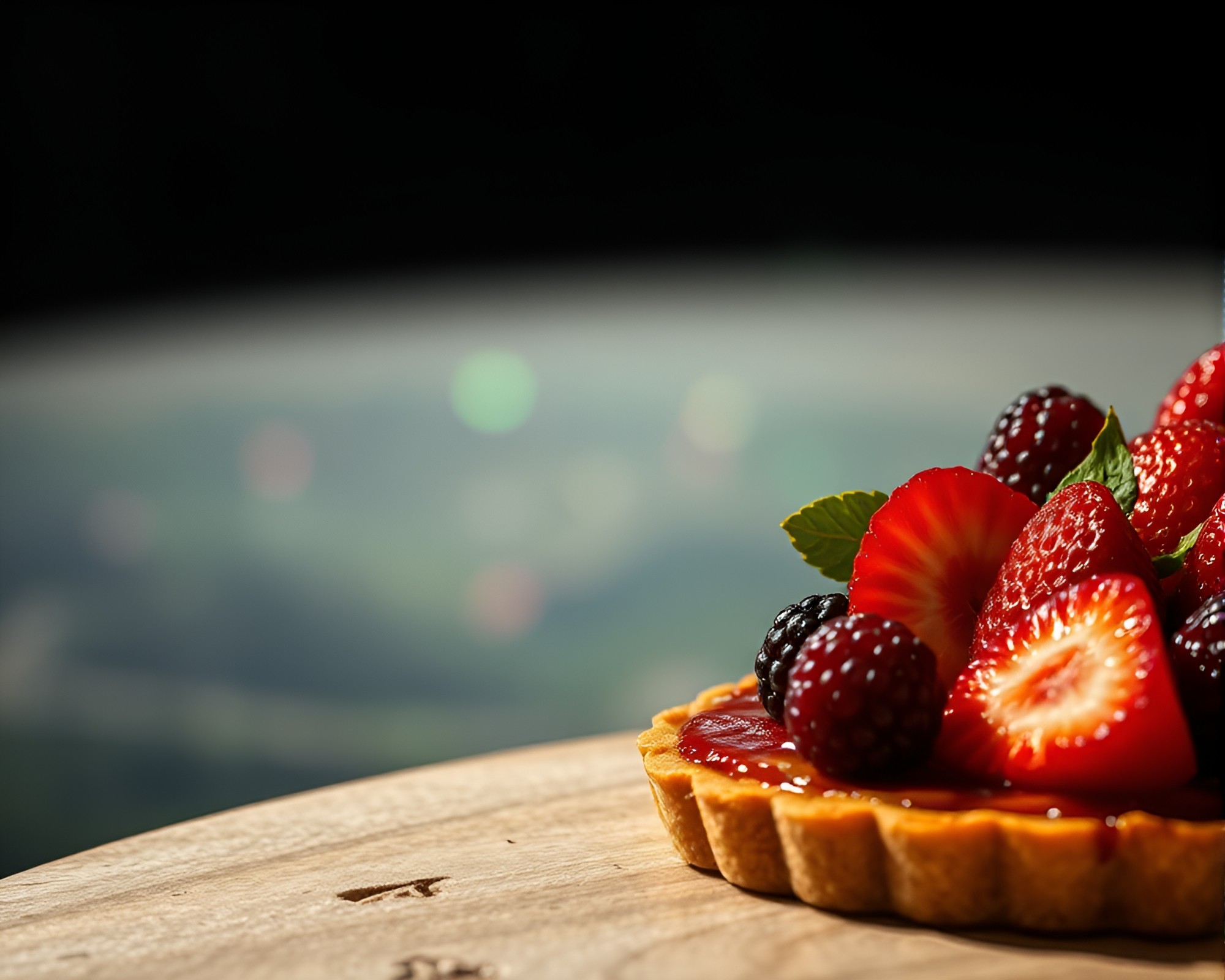 Surreal Panoramic View of Iridescent Fruit Tart – free AI stock image