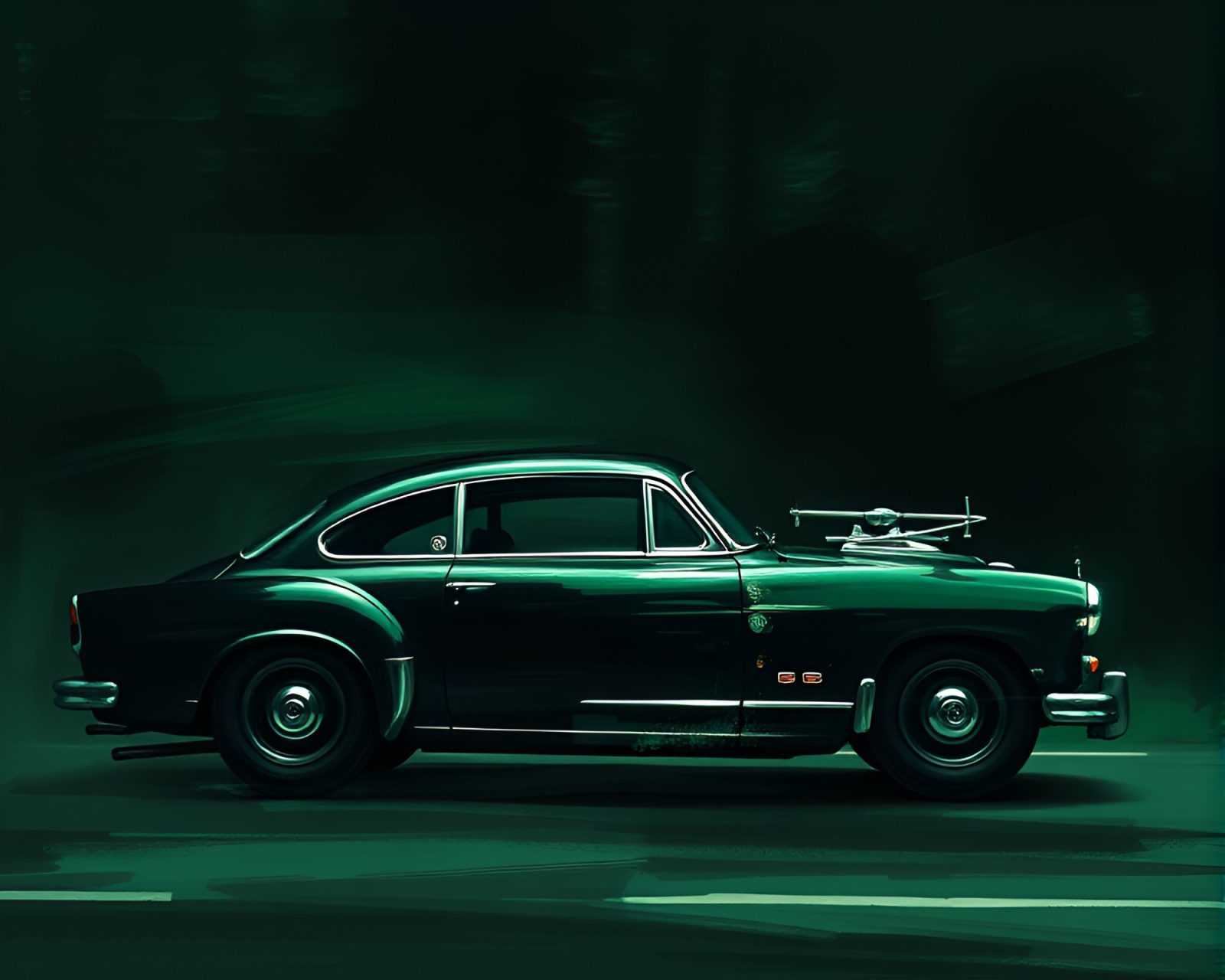 A futuristic hover car in a dark forest setting