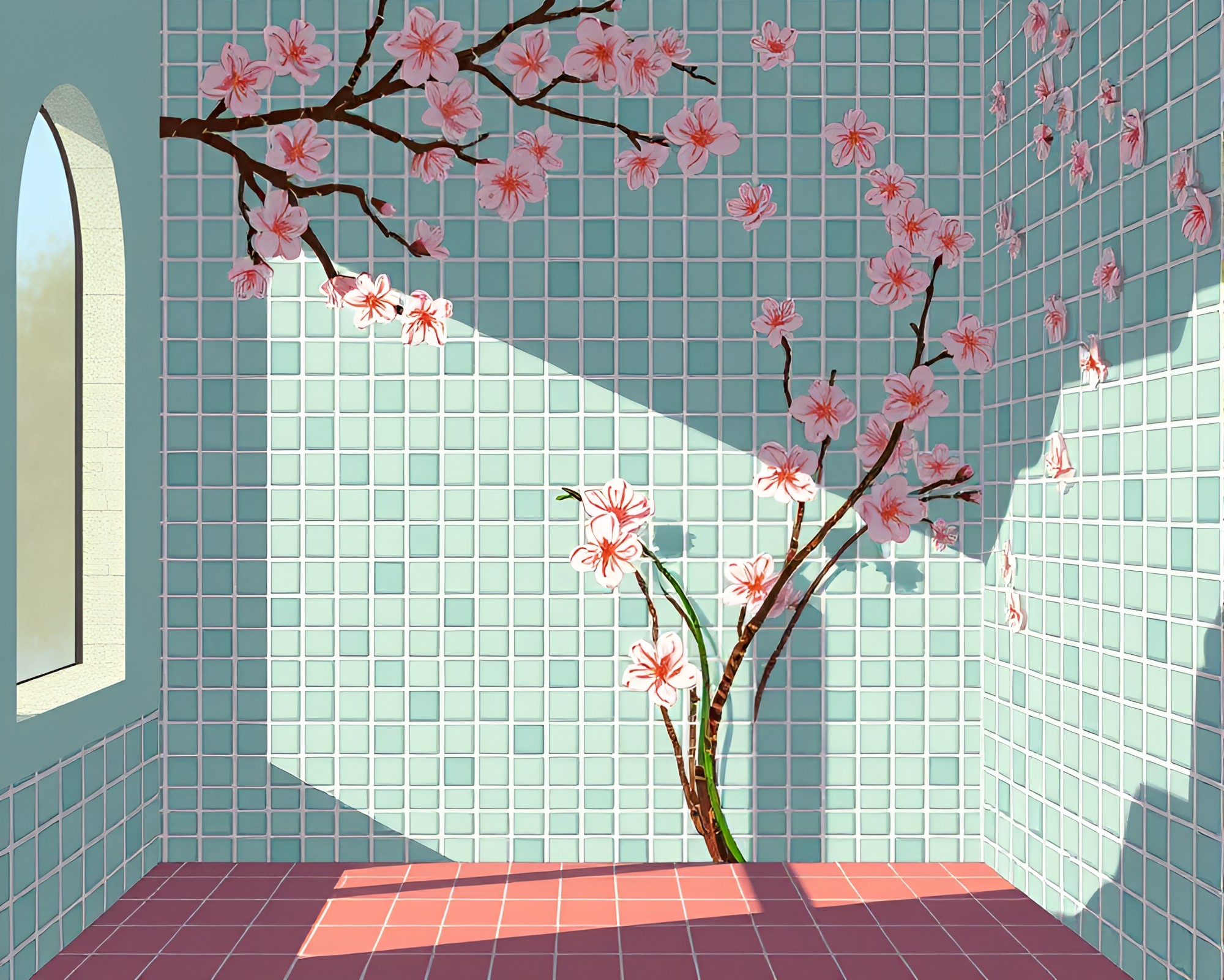 Spring Blossom Tiled Mosaic in Attic Shadow – free AI stock image