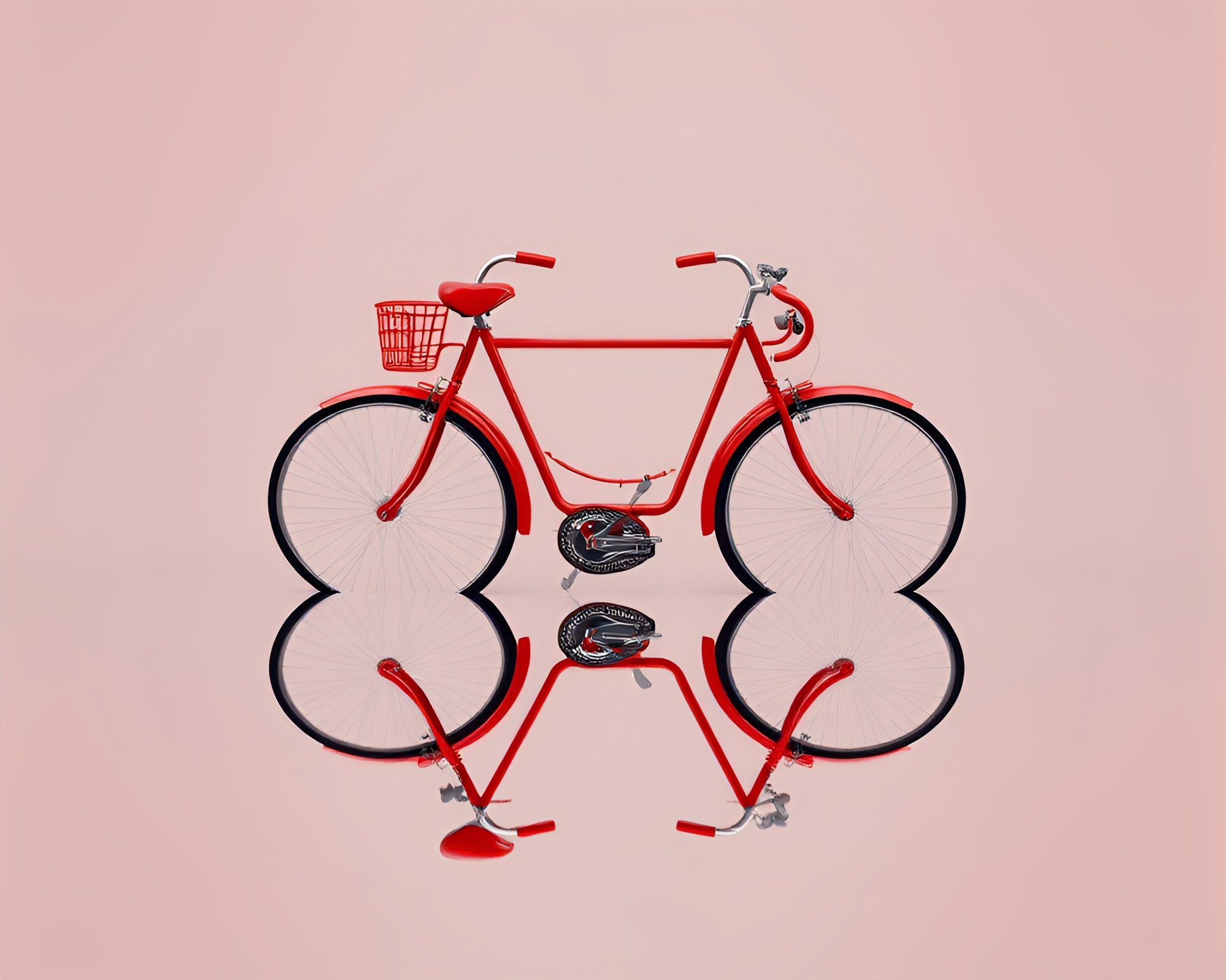 Symmetrical Bicycle Reflection in Brick Red Depth – free AI stock image