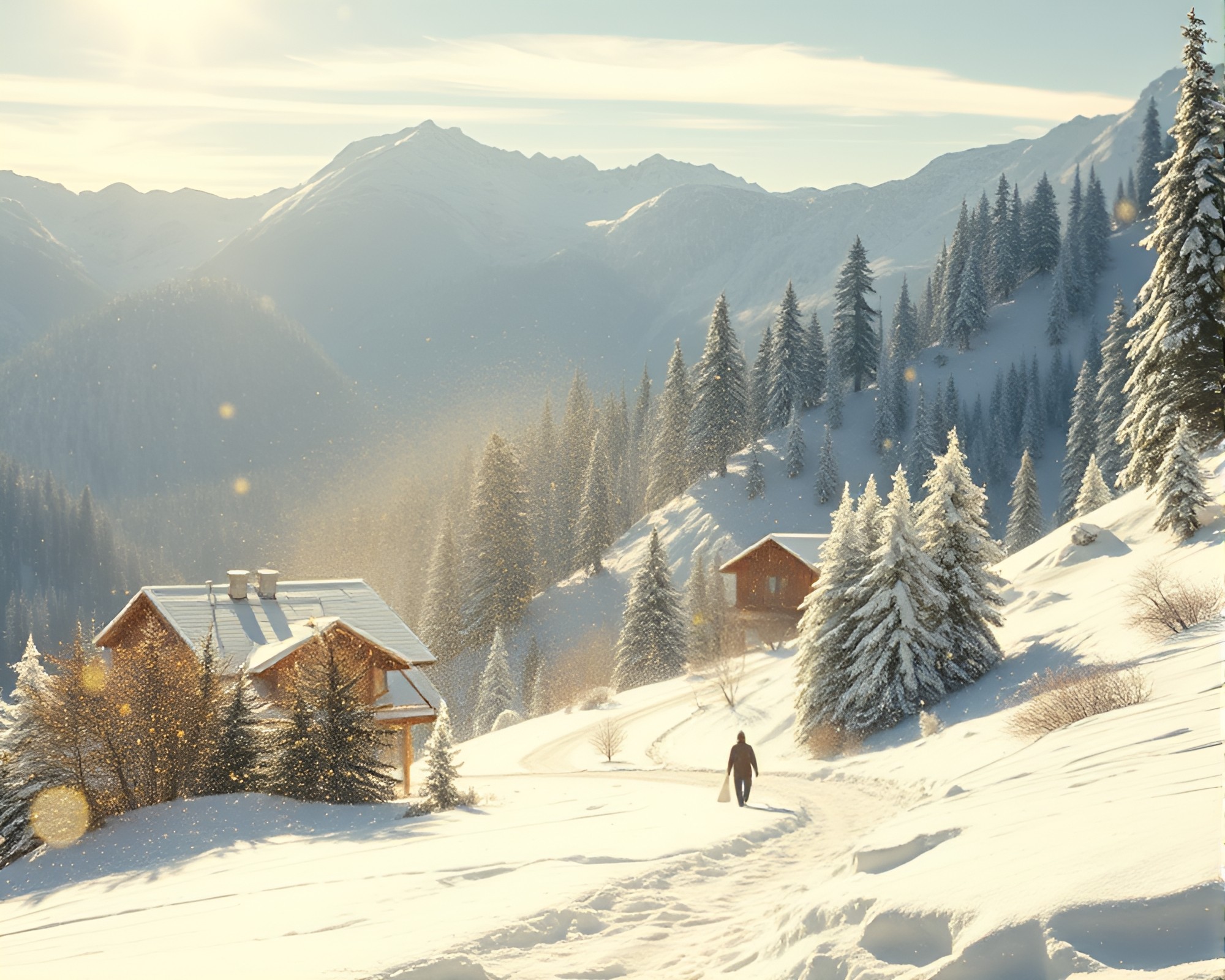 Alpine Chalet infused with Lemon Yellow Dust Particles – free AI stock image