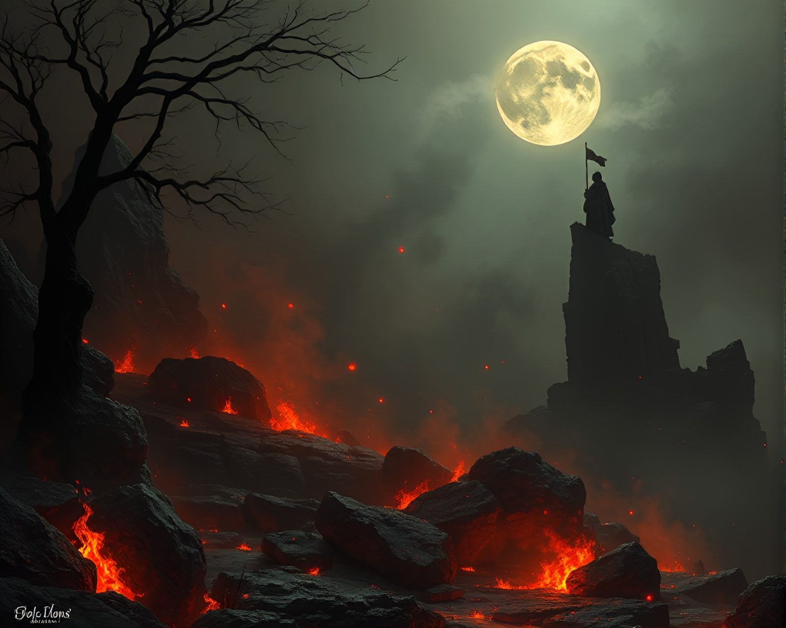 Tranquil desert oasis with floating embers under shadowy sky