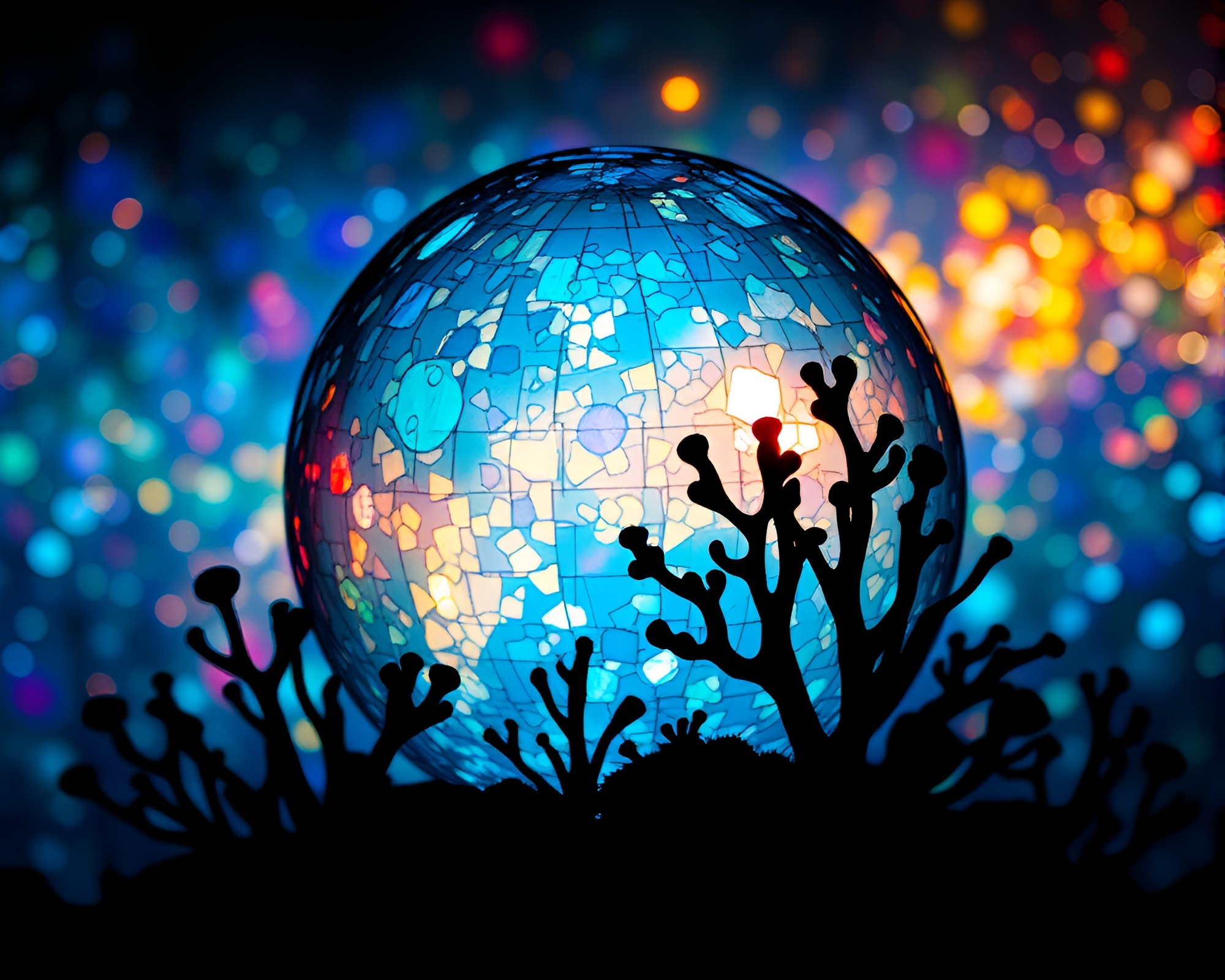 Reef Silhouette Under Disco Ball Glow – free AI stock image