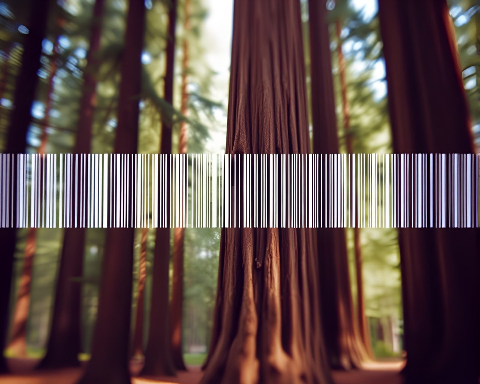 Barcoded redwood tree amidst flickering lights in tiny frame