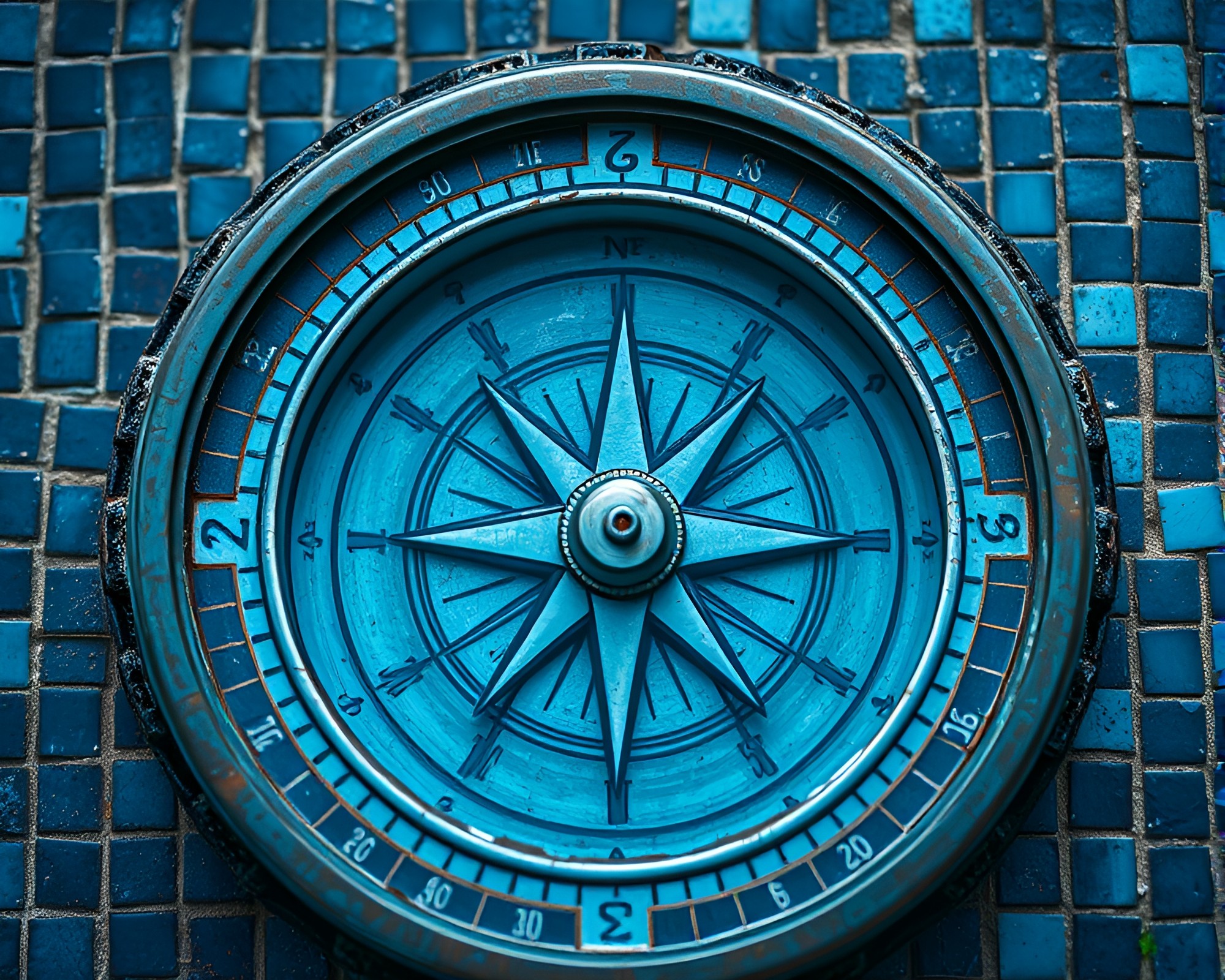 Antique Compass Tiled Mosaic in Arctic Blue Long Exposure – free AI stock image