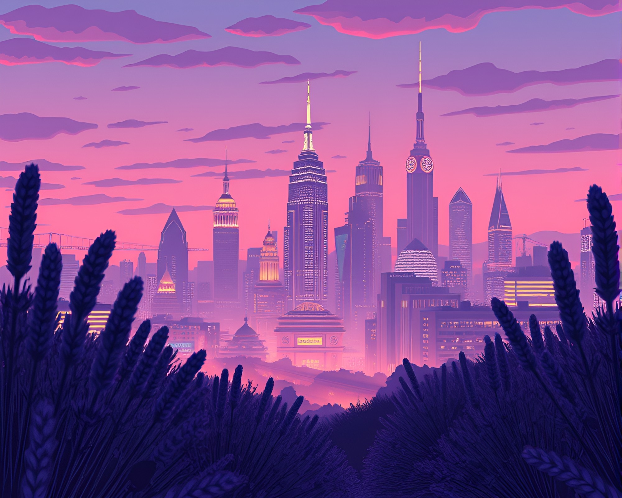 Futuristic Steampunk Cityscape in Lavender Twilight – free AI stock image
