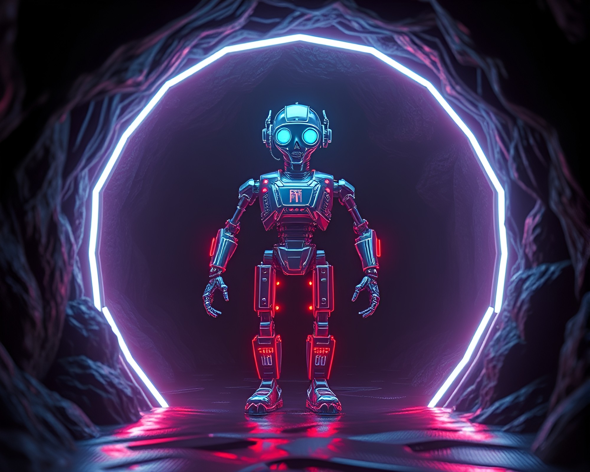 Neon Wireframe Steampunk Robot in Dark Cave Entrance – free AI stock image