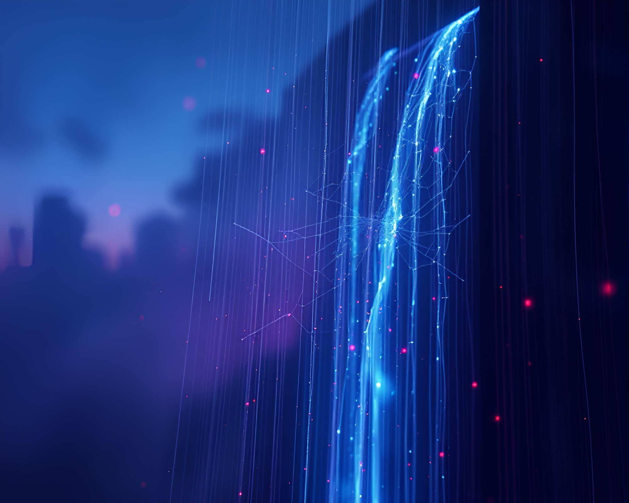 Glitch Waterfall Cascading Through Digital Twilight Cobwebs – free AI stock image