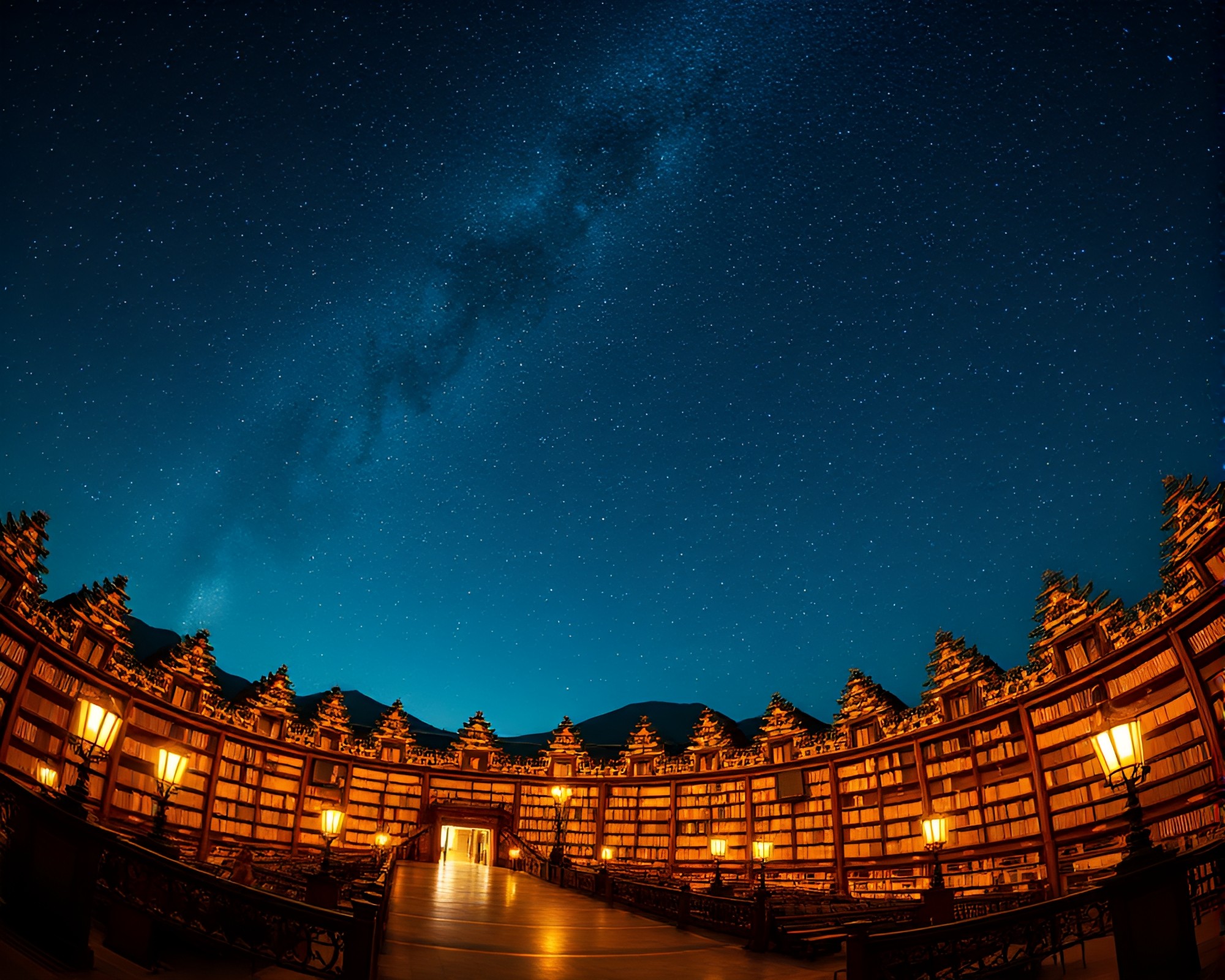 Celestial Dragon Library Lamp Light Panorama – free AI stock image