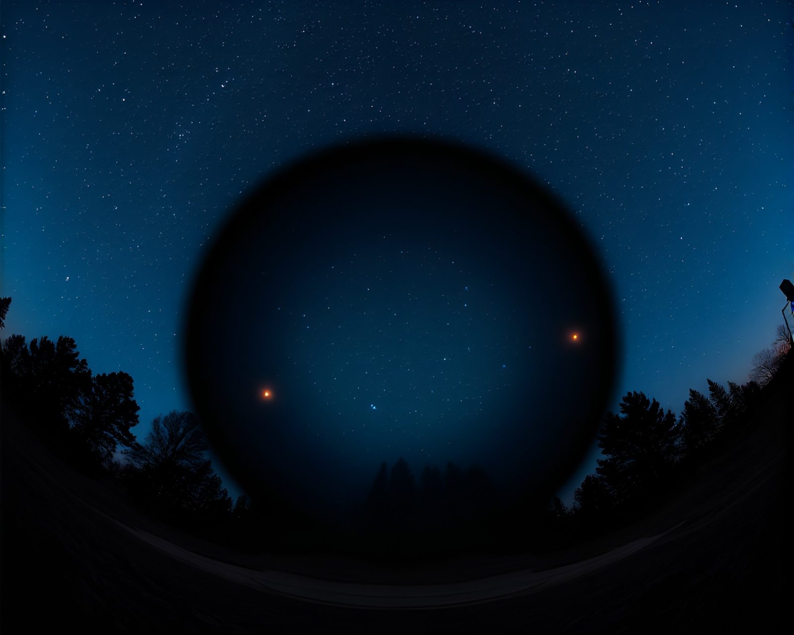 Wide-angle view of surreal dream image with starlit sky