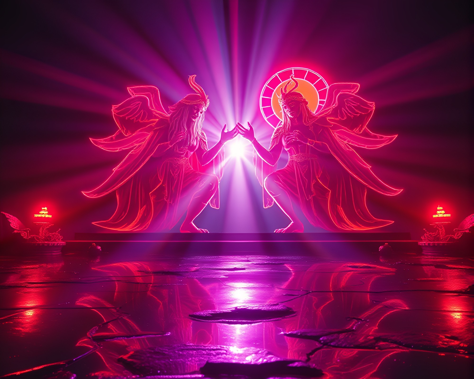 Neon Golem Double Reflection with God Rays – free AI stock image