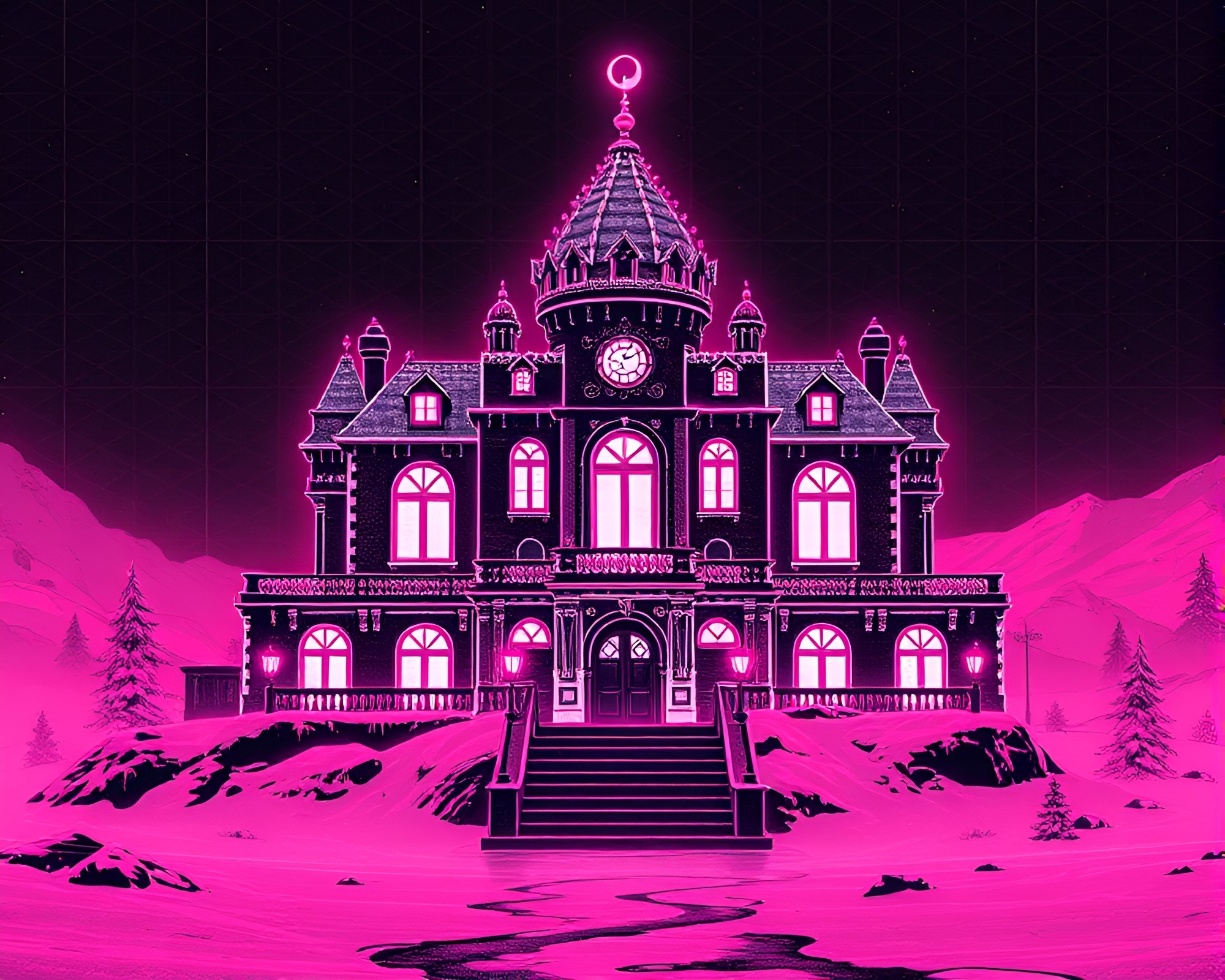 Neon-lit Neo-Gothic Mansion in Antarctic Whiteout – free AI stock image