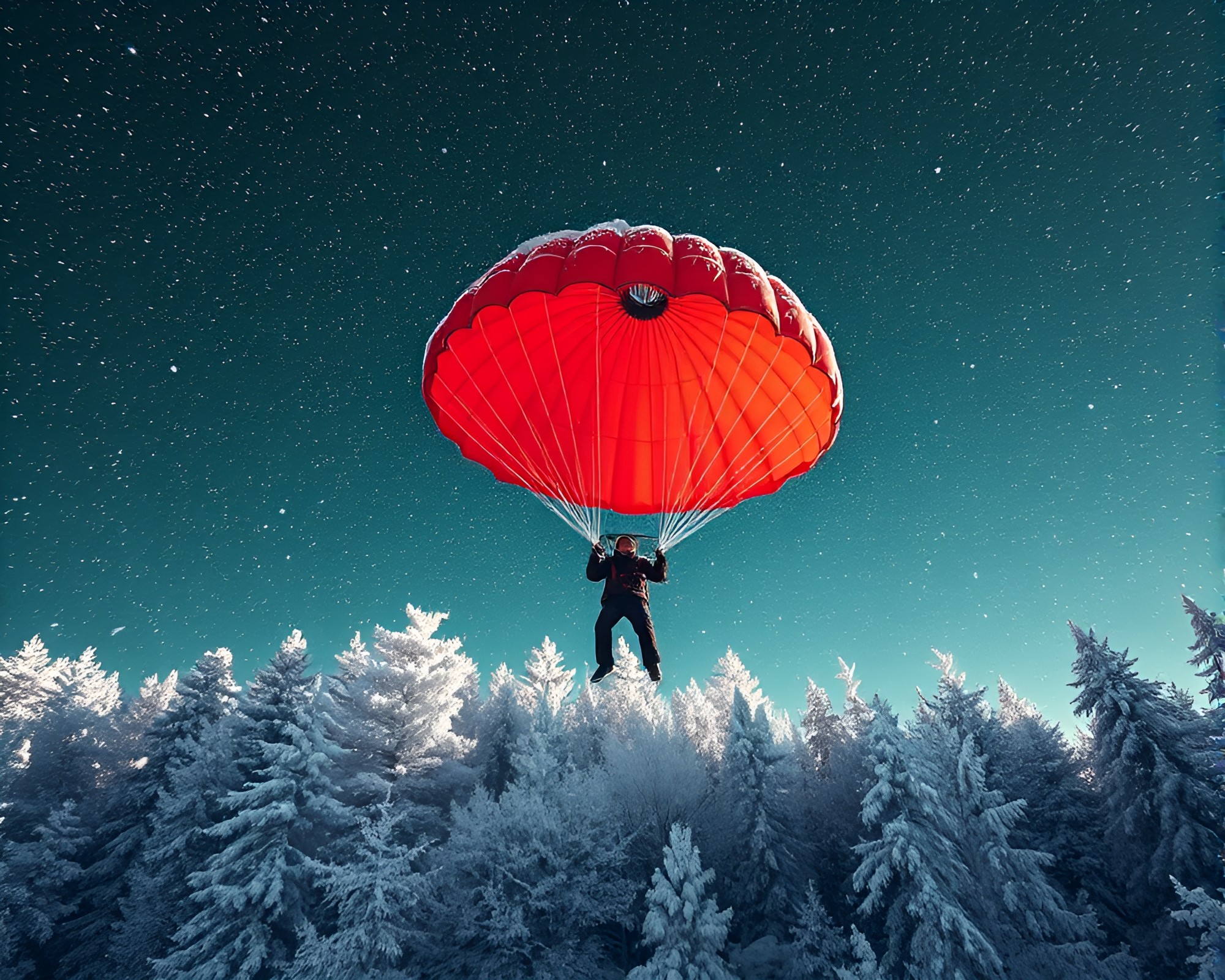 Parachute Jumper in Snowflake Infrared Voyage – free AI stock image