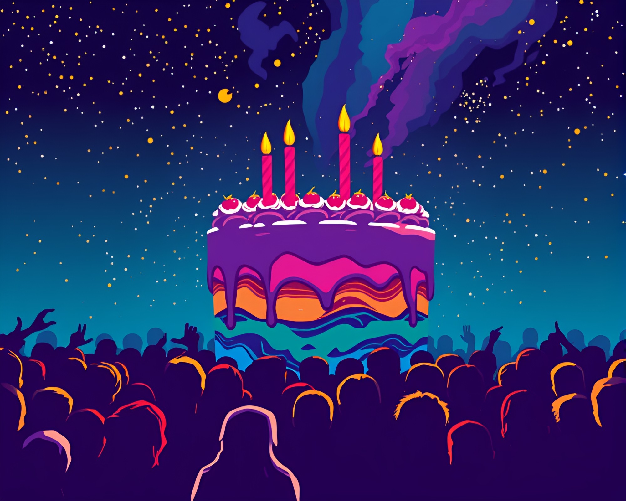 Cosmic Rainbow Crowd Silhouette on Marbled Cake Landscape – free AI stock image