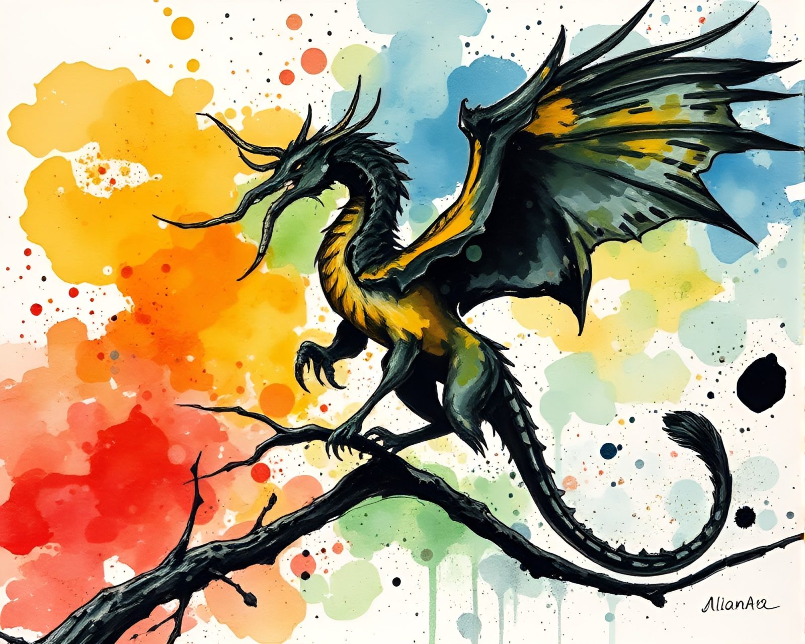 Mystical gryphon amidst complementary acrylic spatters and sumi-e brushwork