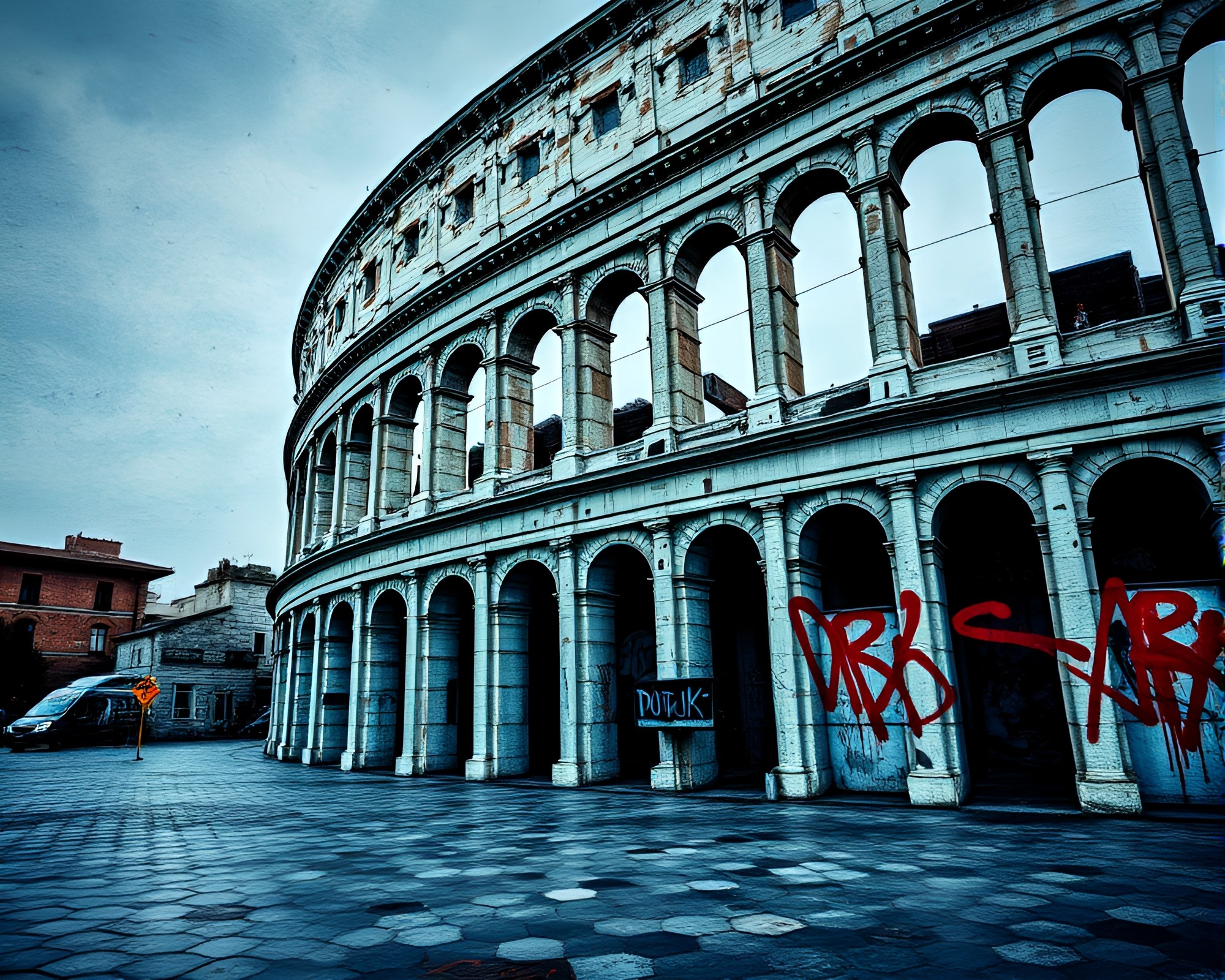 Roman Coliseum Hexagonal Tiling Graffiti Art – free AI stock image