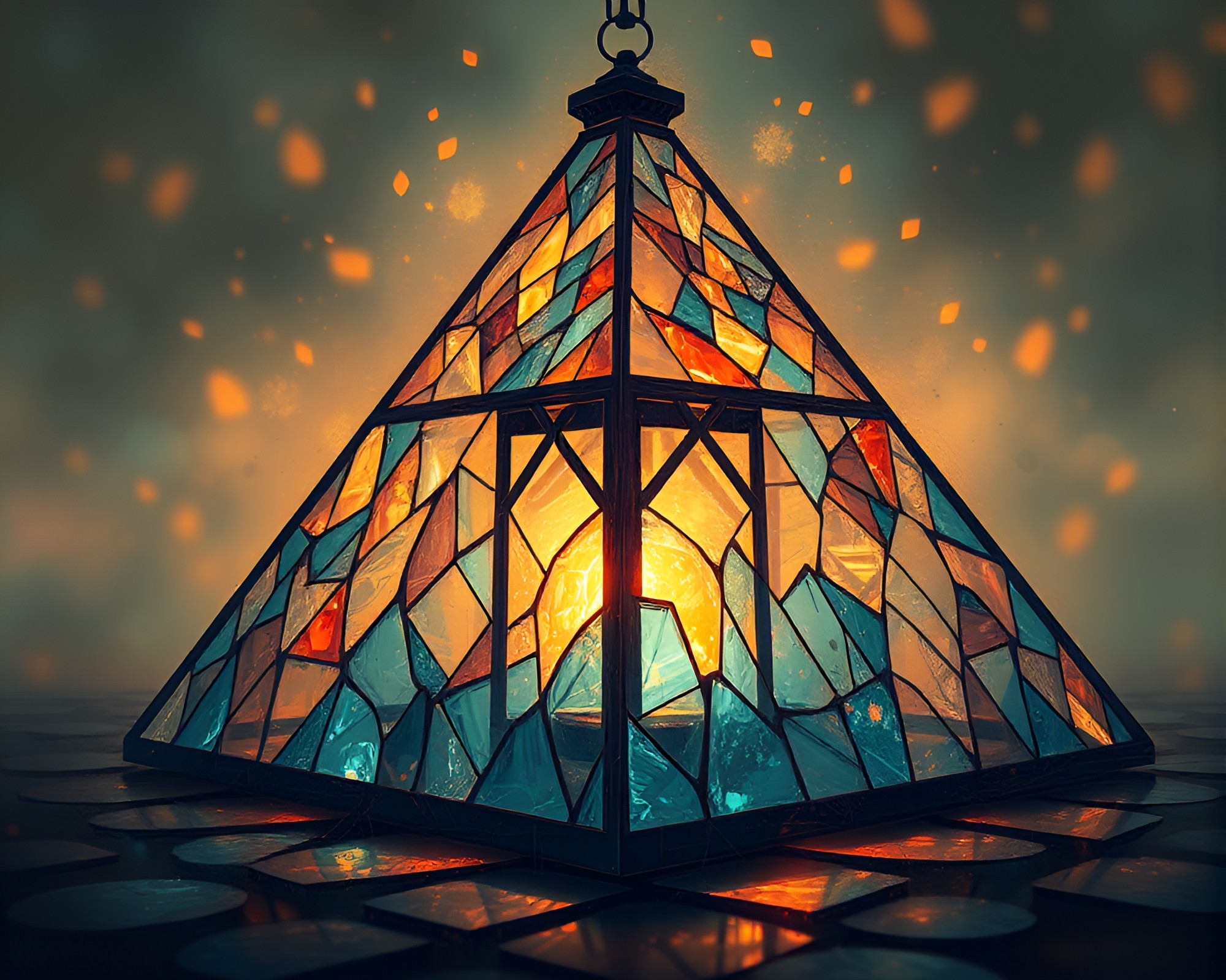 Shattered Glass Pyramid Illuminated by Lantern Light – free AI stock image