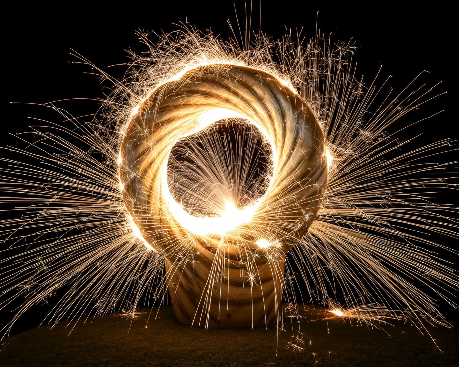 Overexposed lighting capture of écorché marble statue with sparkler trails