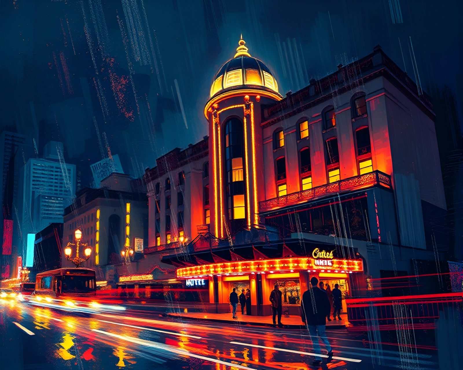 Digital painting of a luxurious hotel lobby with vibrant acrylic spatters