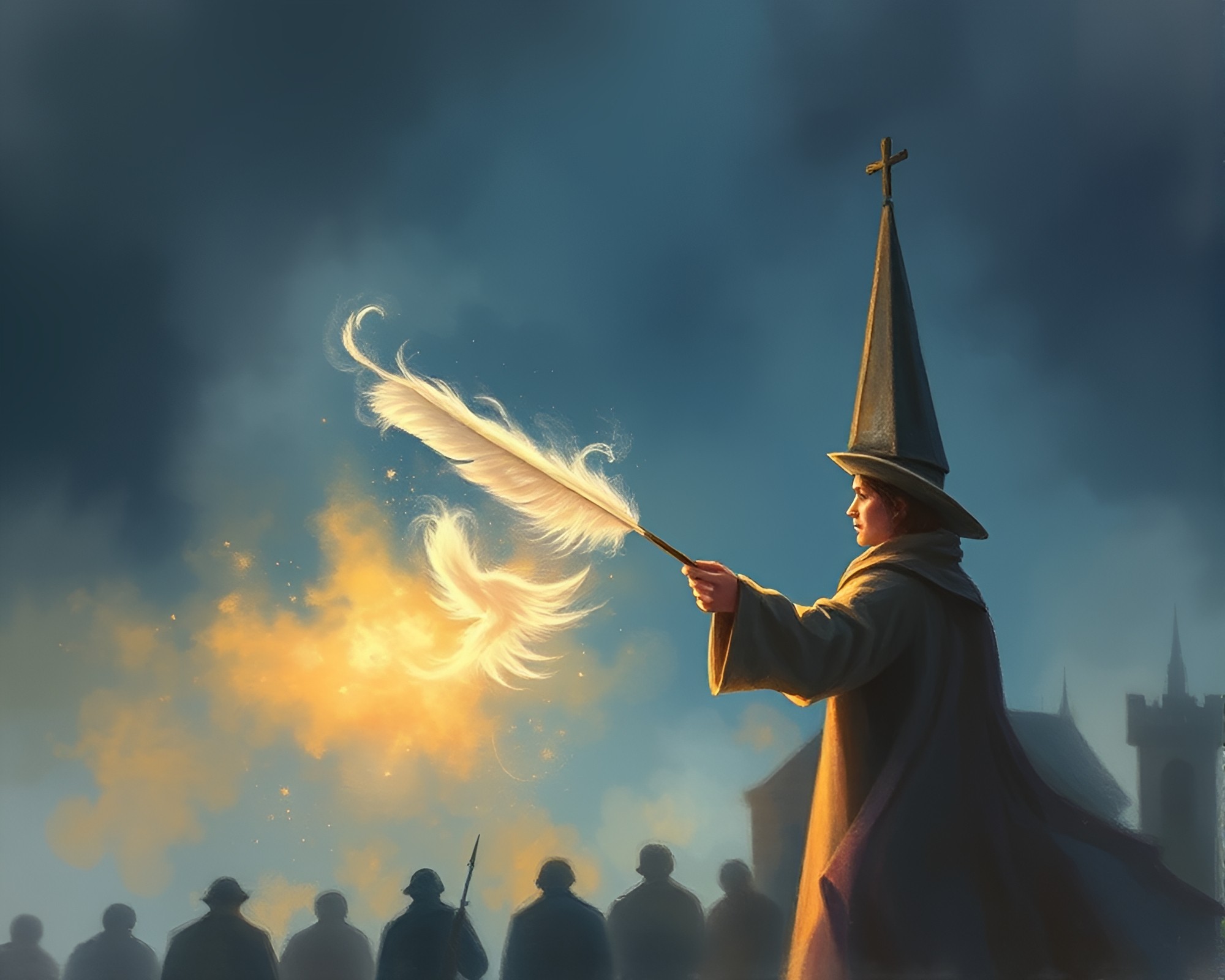 Time Traveler Dusting Feathers by Church Candlelight – free AI stock image