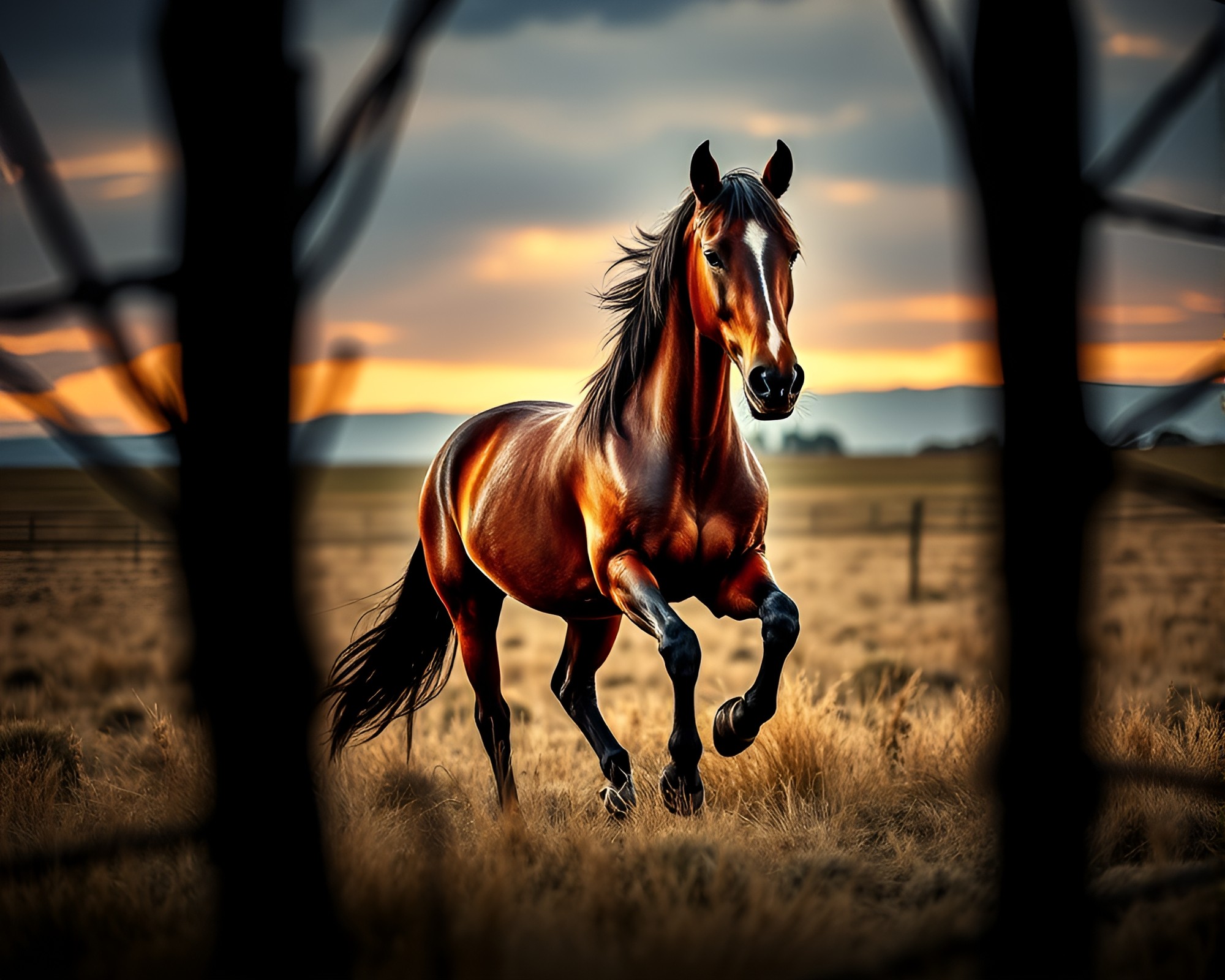 Majestic Wild Stallion in Mosaic Light Vignette – free AI stock image