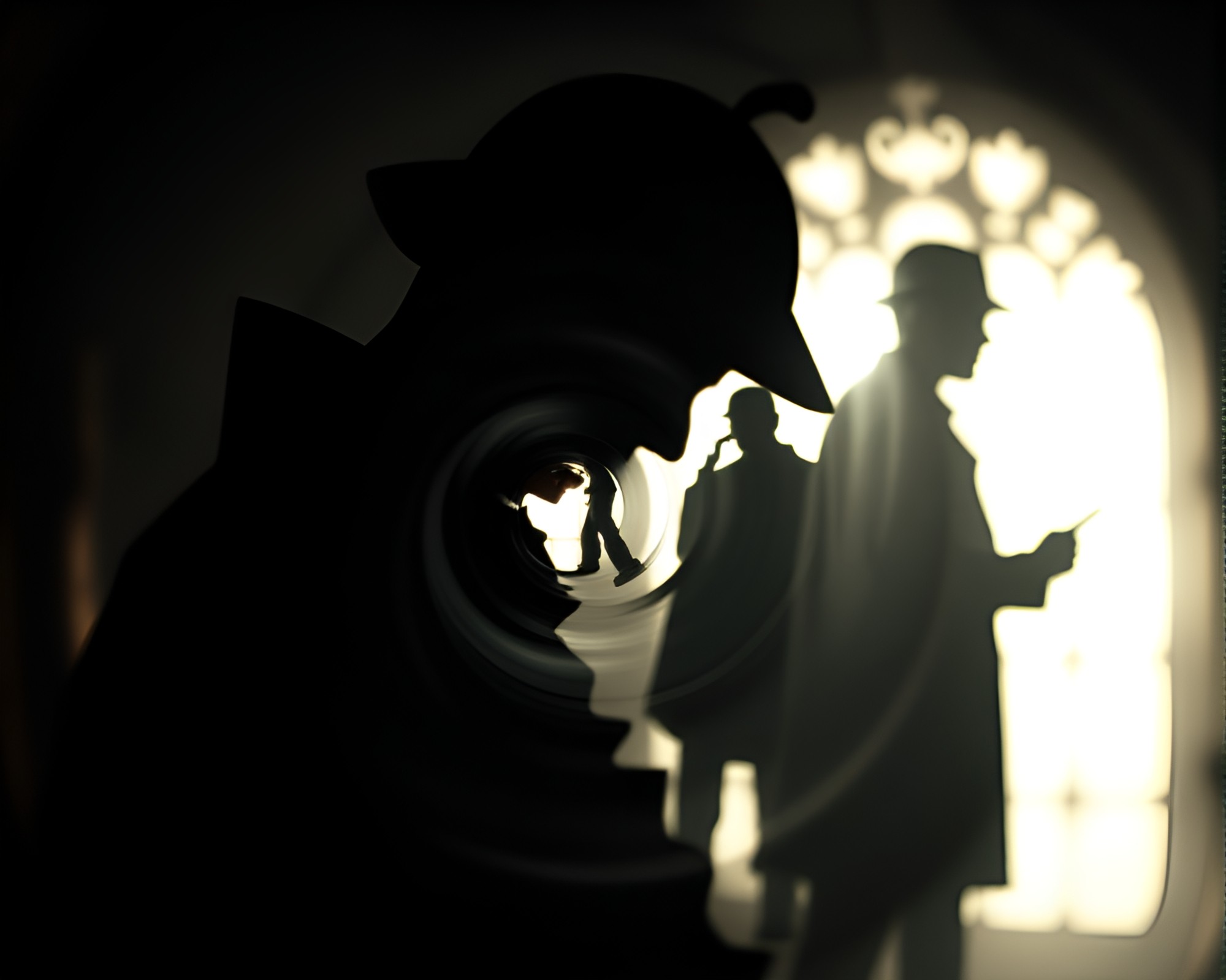 Mystery Lens Swirl: Sherlock Holmes Silhouette Collage – free AI stock image