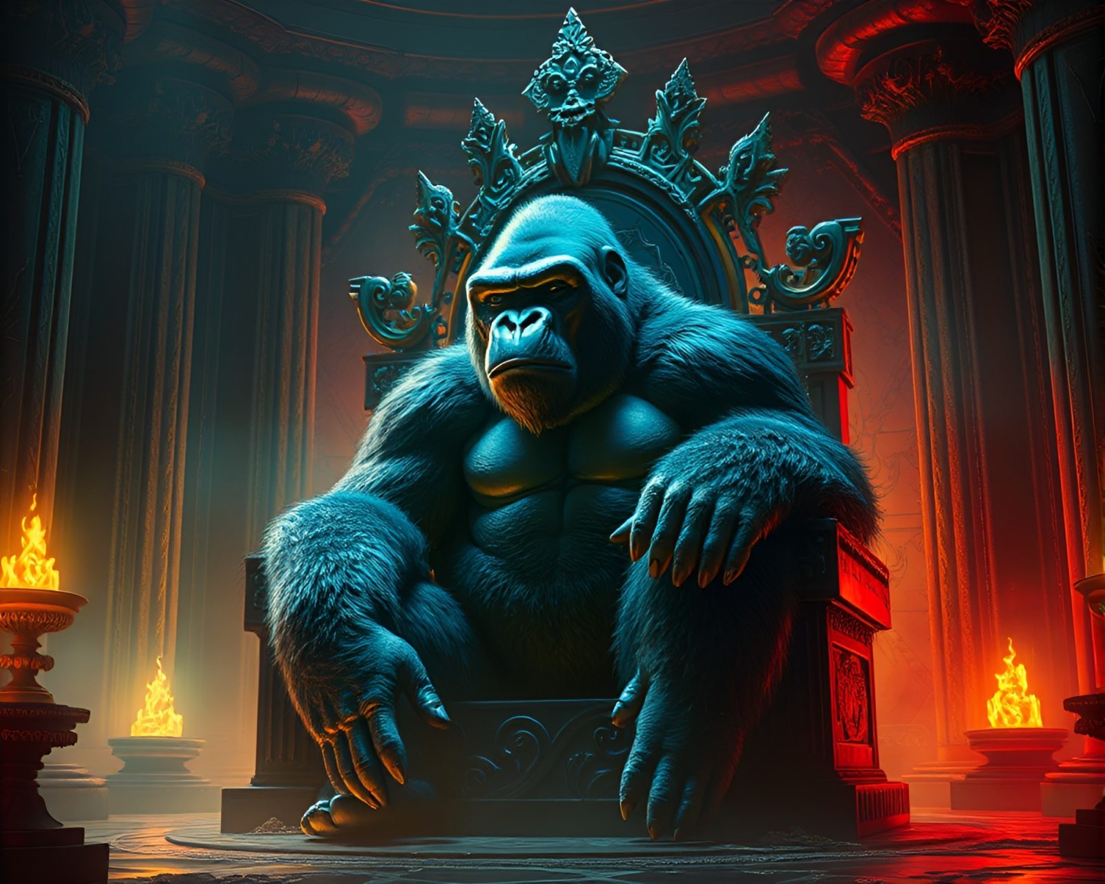 Majestic gorilla seated on ornate throne in glowing chamber