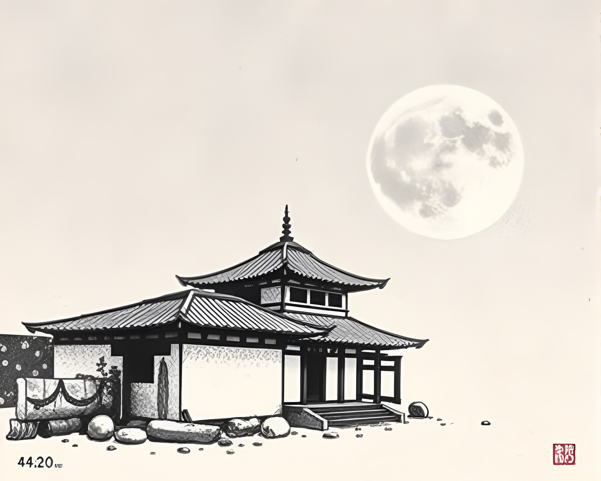 Rustic Pottery Moonlit Architectural Woodblock Print – free AI stock image