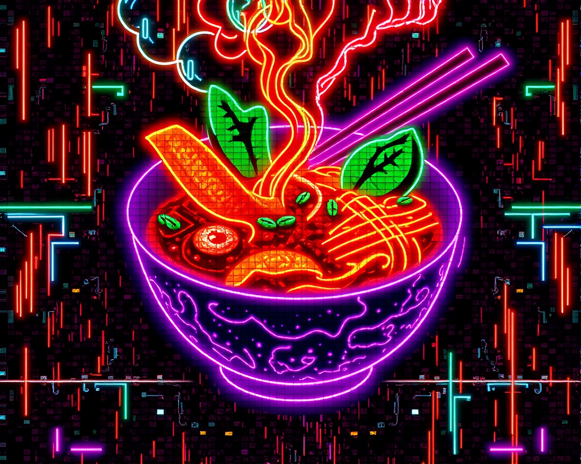 Neon Ramen Bowl in LED Pixel Grid – free AI stock image