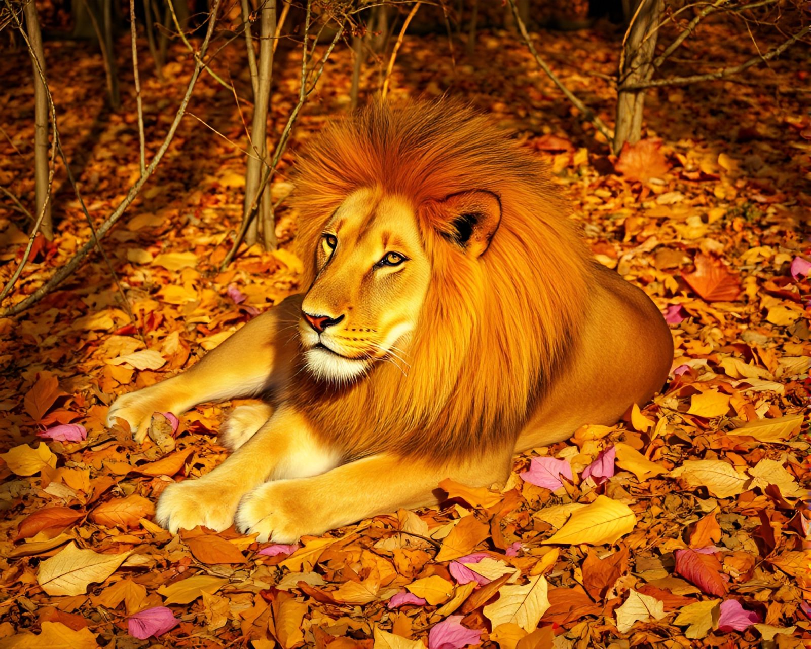 Infrared photography of a lion in colorful leaf litter